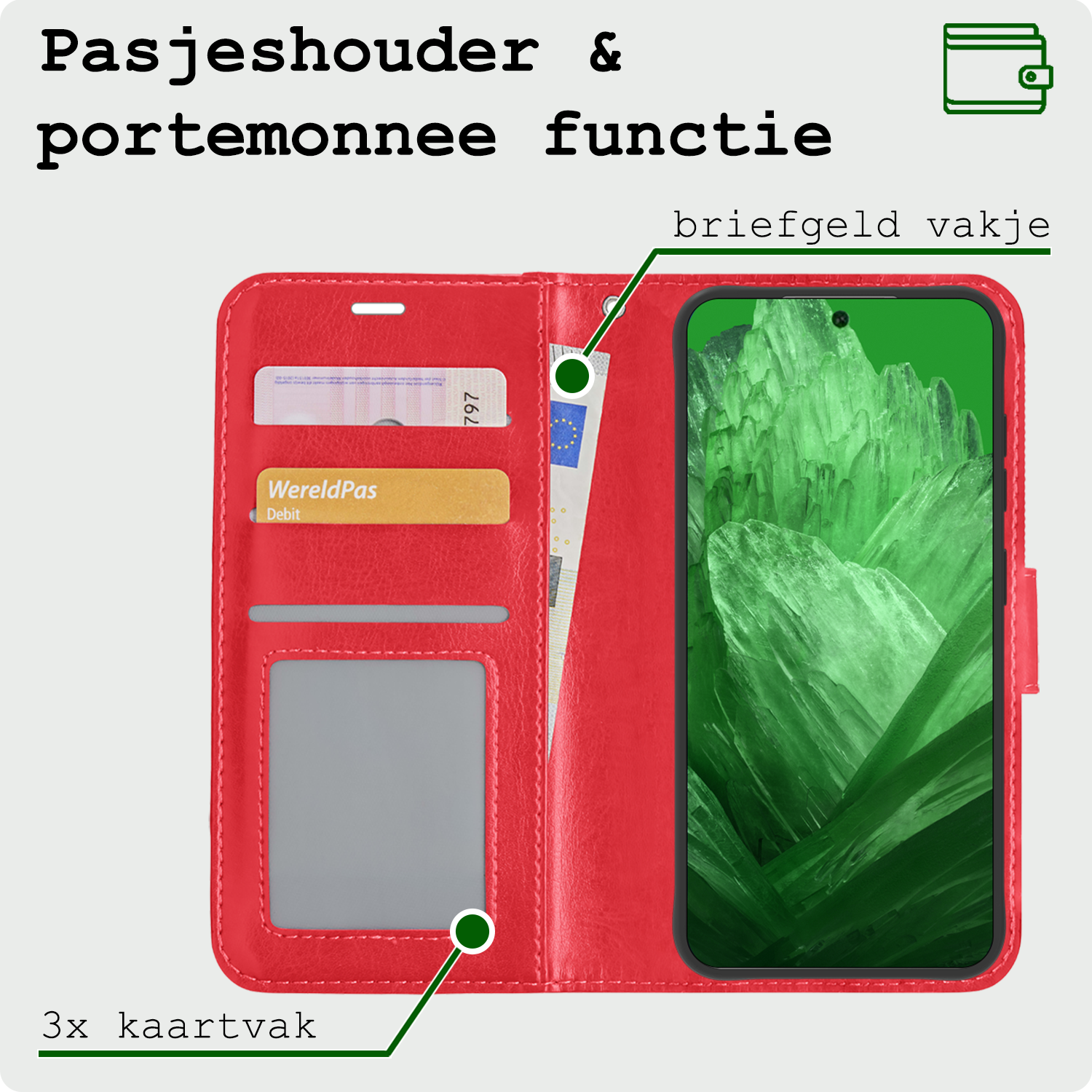 BASEY. Hoes Geschikt voor Google Pixel 8a Hoesje Bookcase Hoes Flip Case Book Cover Met 2x Screenprotector - Hoesje Geschikt voor Google Pixel 8a Hoes Book Case Hoesje - Rood