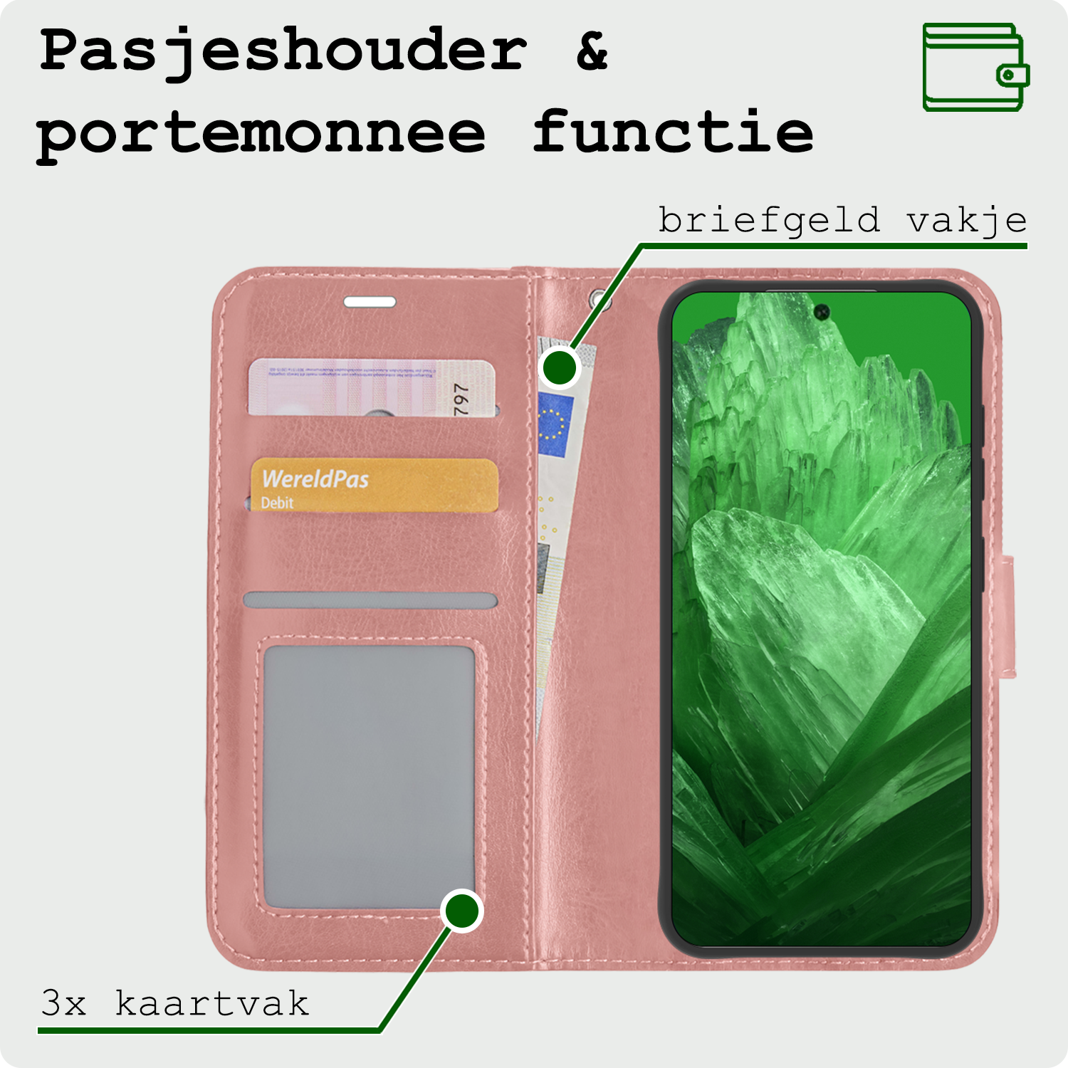 BASEY. Hoes Geschikt voor Google Pixel 8a Hoesje Bookcase Hoes Flip Case Book Cover Met 2x Screenprotector - Hoesje Geschikt voor Google Pixel 8a Hoes Book Case Hoesje - Rosé goud