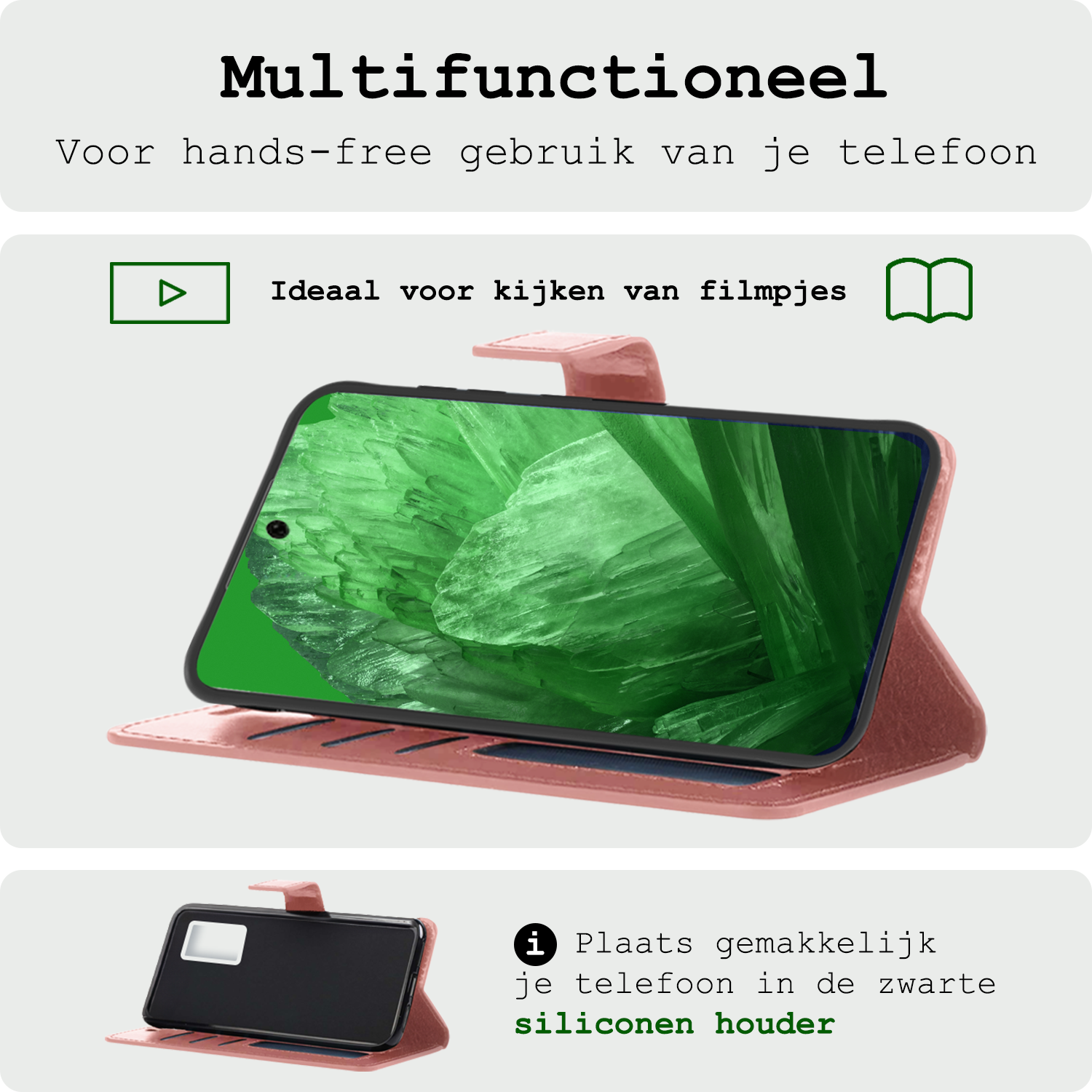 BASEY. Hoes Geschikt voor Google Pixel 8a Hoesje Bookcase Hoes Flip Case Book Cover Met 2x Screenprotector - Hoesje Geschikt voor Google Pixel 8a Hoes Book Case Hoesje - Rosé goud