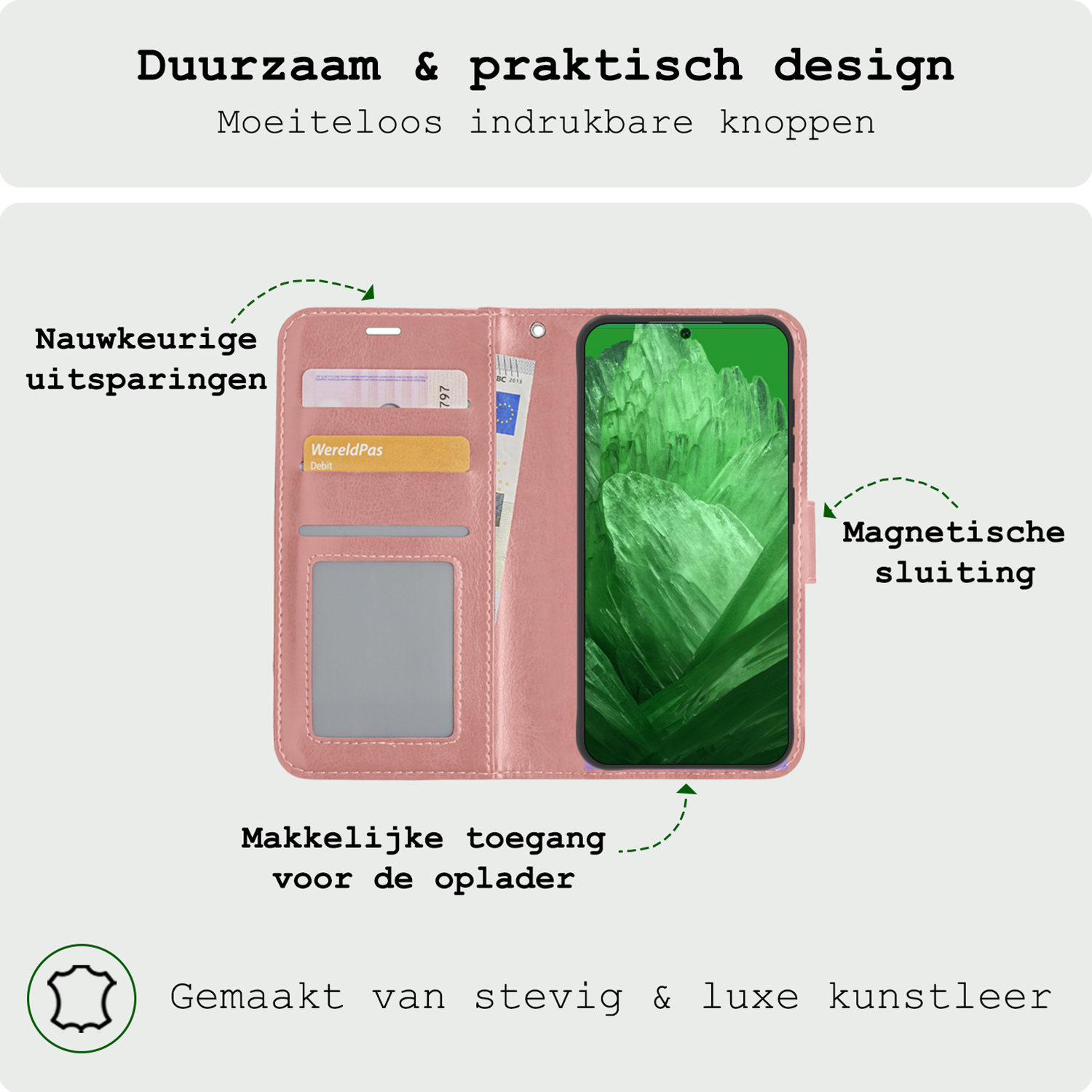 BASEY. Hoes Geschikt voor Google Pixel 8a Hoesje Bookcase Hoes Flip Case Book Cover Met 2x Screenprotector - Hoesje Geschikt voor Google Pixel 8a Hoes Book Case Hoesje - Rosé goud