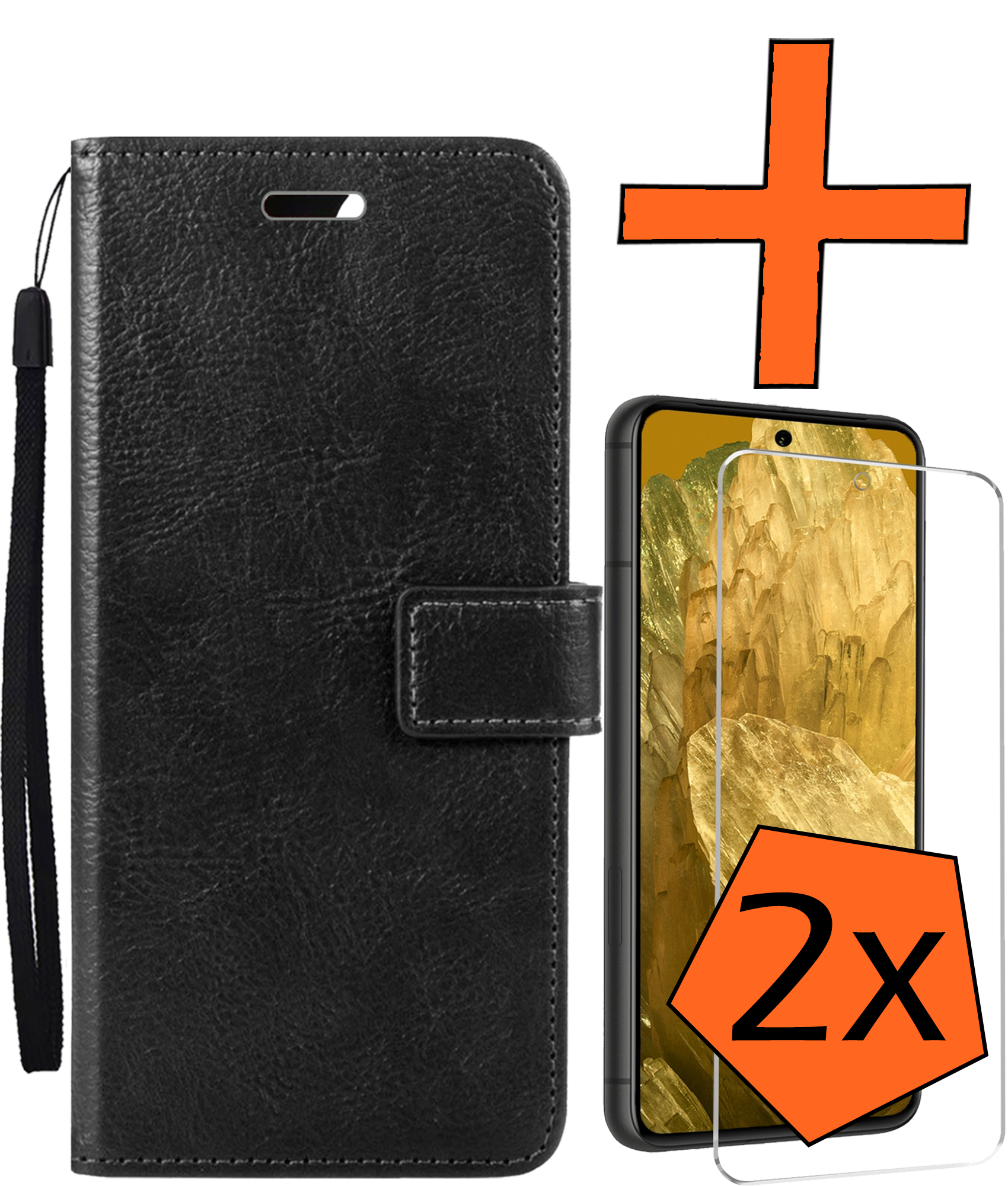 Nomfy Hoesje Geschikt voor Google Pixel 8a Hoes Bookcase Flipcase Book Cover Met 2x Screenprotector - Hoes Geschikt voor Google Pixel 8a Hoesje Book Case - Zwart