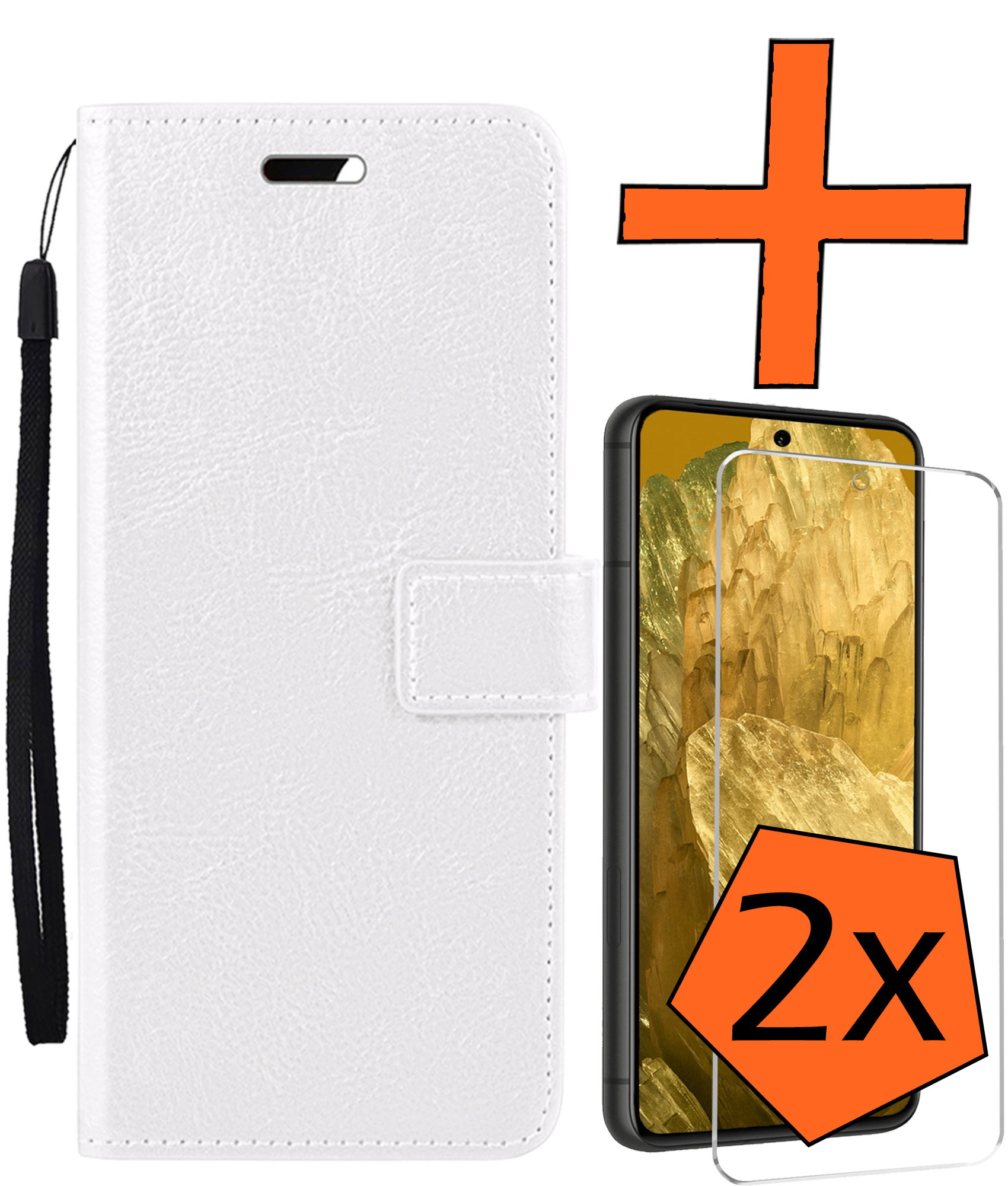 Nomfy Hoesje Geschikt voor Google Pixel 8a Hoes Bookcase Flipcase Book Cover Met 2x Screenprotector - Hoes Geschikt voor Google Pixel 8a Hoesje Book Case - Wit