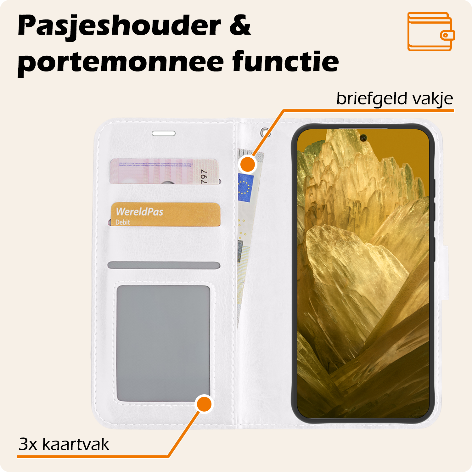 Nomfy Hoesje Geschikt voor Google Pixel 8a Hoes Bookcase Flipcase Book Cover Met 2x Screenprotector - Hoes Geschikt voor Google Pixel 8a Hoesje Book Case - Wit