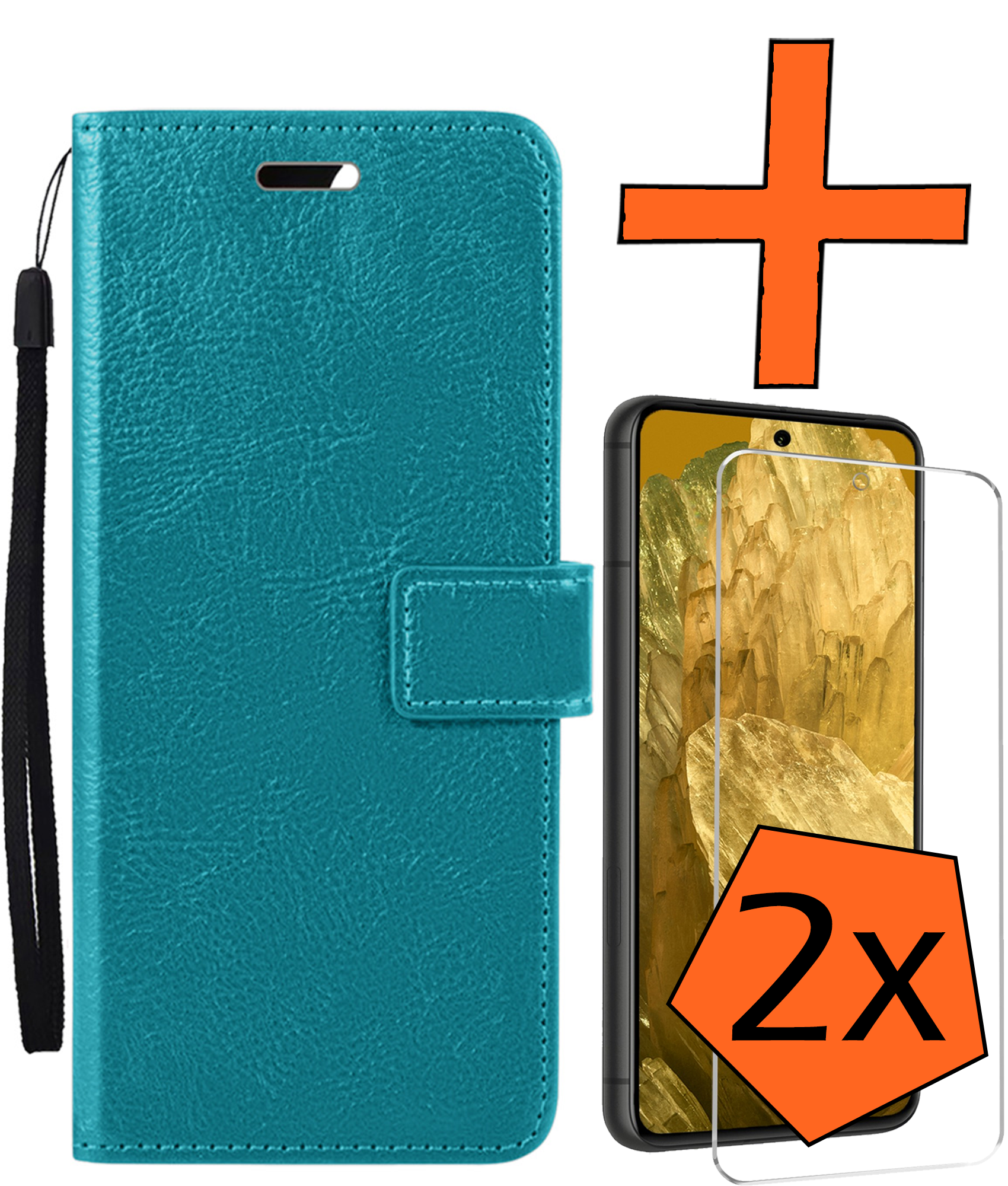Nomfy Hoesje Geschikt voor Google Pixel 8a Hoes Bookcase Flipcase Book Cover Met 2x Screenprotector - Hoes Geschikt voor Google Pixel 8a Hoesje Book Case - Turquoise