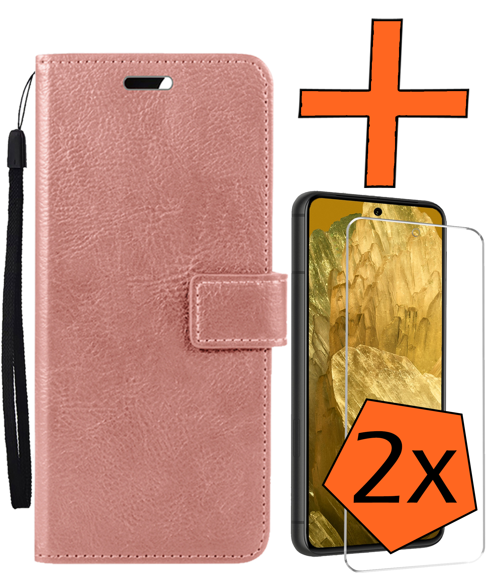 Nomfy Hoesje Geschikt voor Google Pixel 8a Hoes Bookcase Flipcase Book Cover Met 2x Screenprotector - Hoes Geschikt voor Google Pixel 8a Hoesje Book Case - Rosé goud