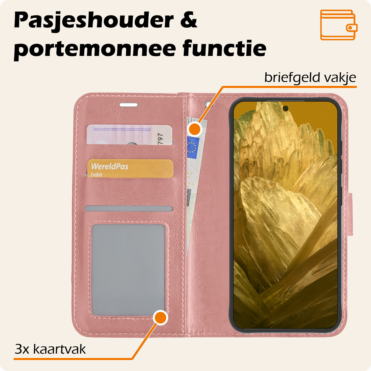 Nomfy Hoesje Geschikt voor Google Pixel 8a Hoes Bookcase Flipcase Book Cover Met 2x Screenprotector - Hoes Geschikt voor Google Pixel 8a Hoesje Book Case - Rosé goud