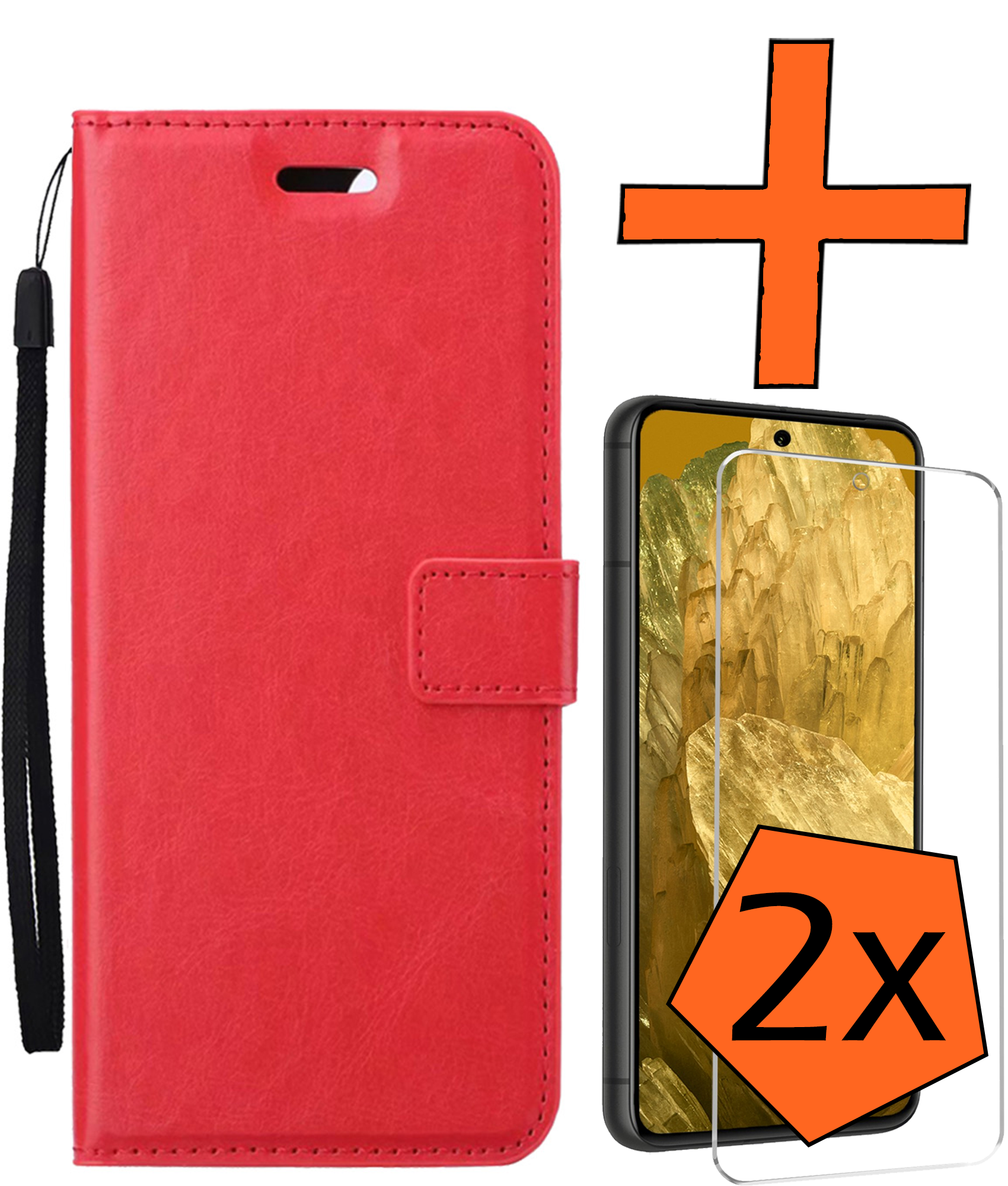 Nomfy Hoesje Geschikt voor Google Pixel 8a Hoes Bookcase Flipcase Book Cover Met 2x Screenprotector - Hoes Geschikt voor Google Pixel 8a Hoesje Book Case - Rood