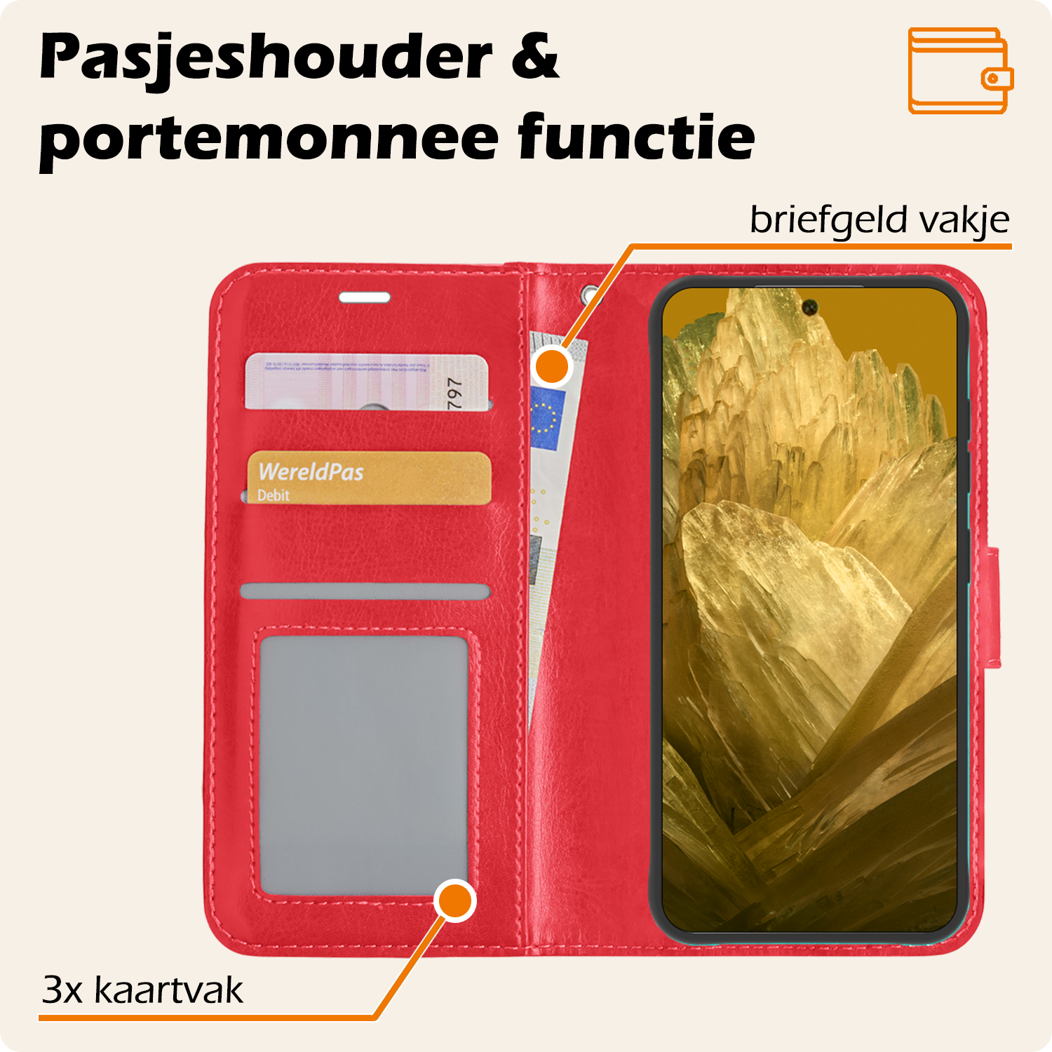 Nomfy Hoesje Geschikt voor Google Pixel 8a Hoes Bookcase Flipcase Book Cover Met 2x Screenprotector - Hoes Geschikt voor Google Pixel 8a Hoesje Book Case - Rood