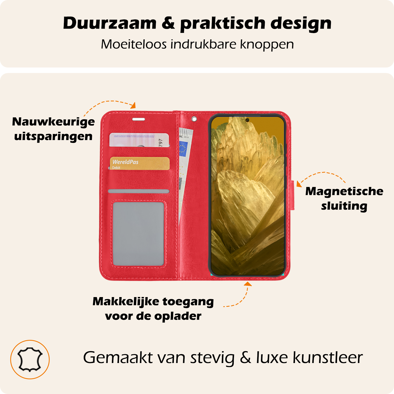 Nomfy Hoesje Geschikt voor Google Pixel 8a Hoes Bookcase Flipcase Book Cover Met 2x Screenprotector - Hoes Geschikt voor Google Pixel 8a Hoesje Book Case - Rood