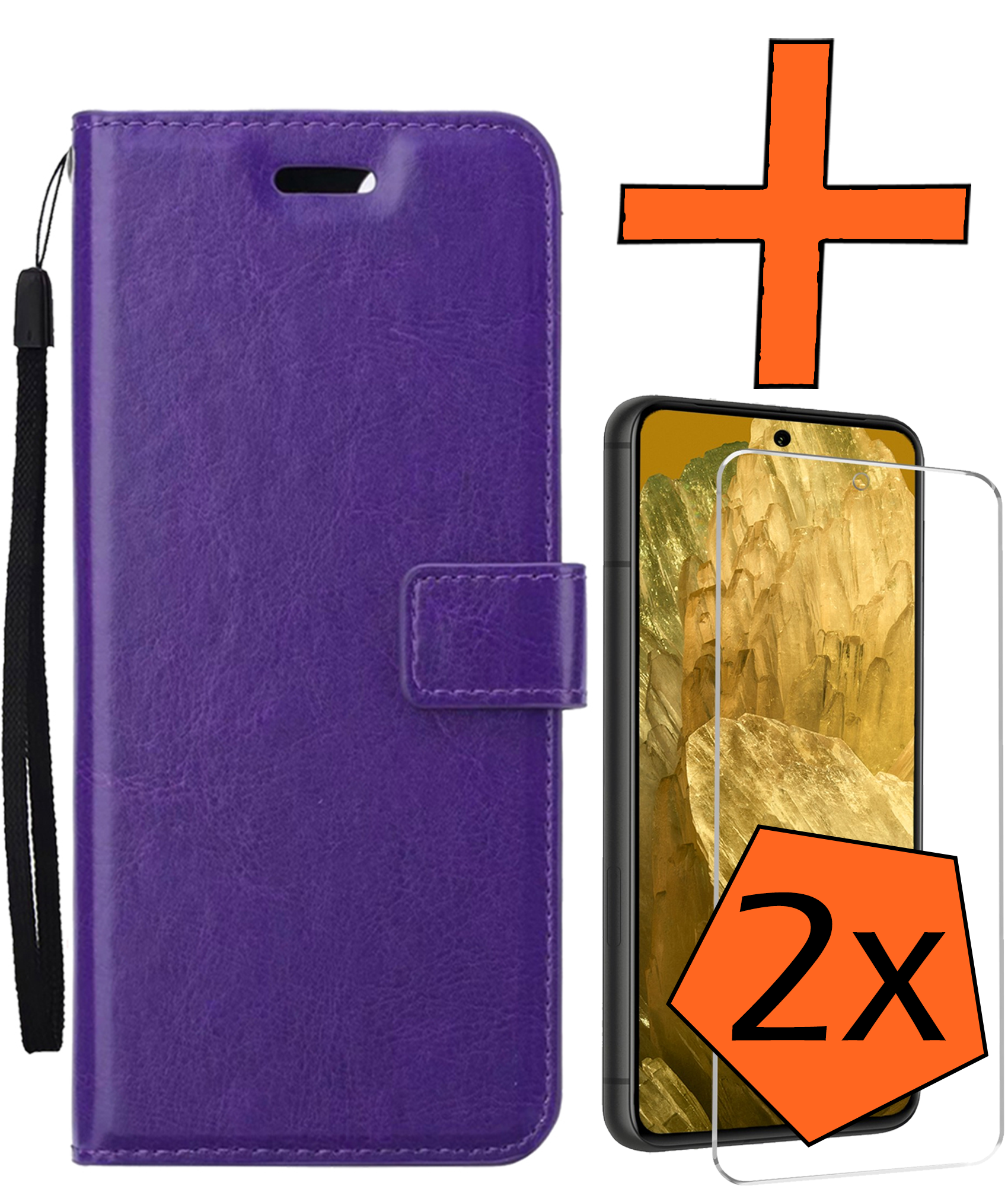 Nomfy Hoesje Geschikt voor Google Pixel 8a Hoes Bookcase Flipcase Book Cover Met 2x Screenprotector - Hoes Geschikt voor Google Pixel 8a Hoesje Book Case - Paars