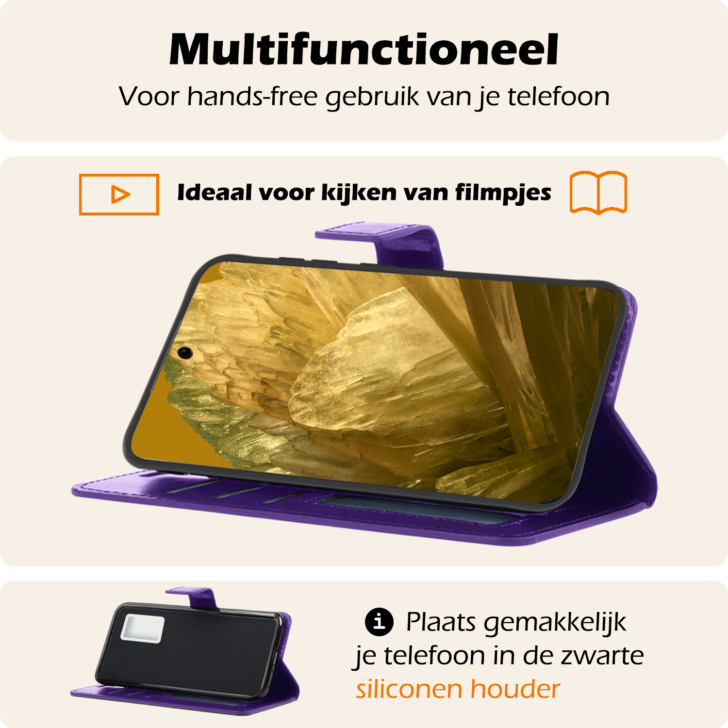 Nomfy Hoesje Geschikt voor Google Pixel 8a Hoes Bookcase Flipcase Book Cover Met 2x Screenprotector - Hoes Geschikt voor Google Pixel 8a Hoesje Book Case - Paars