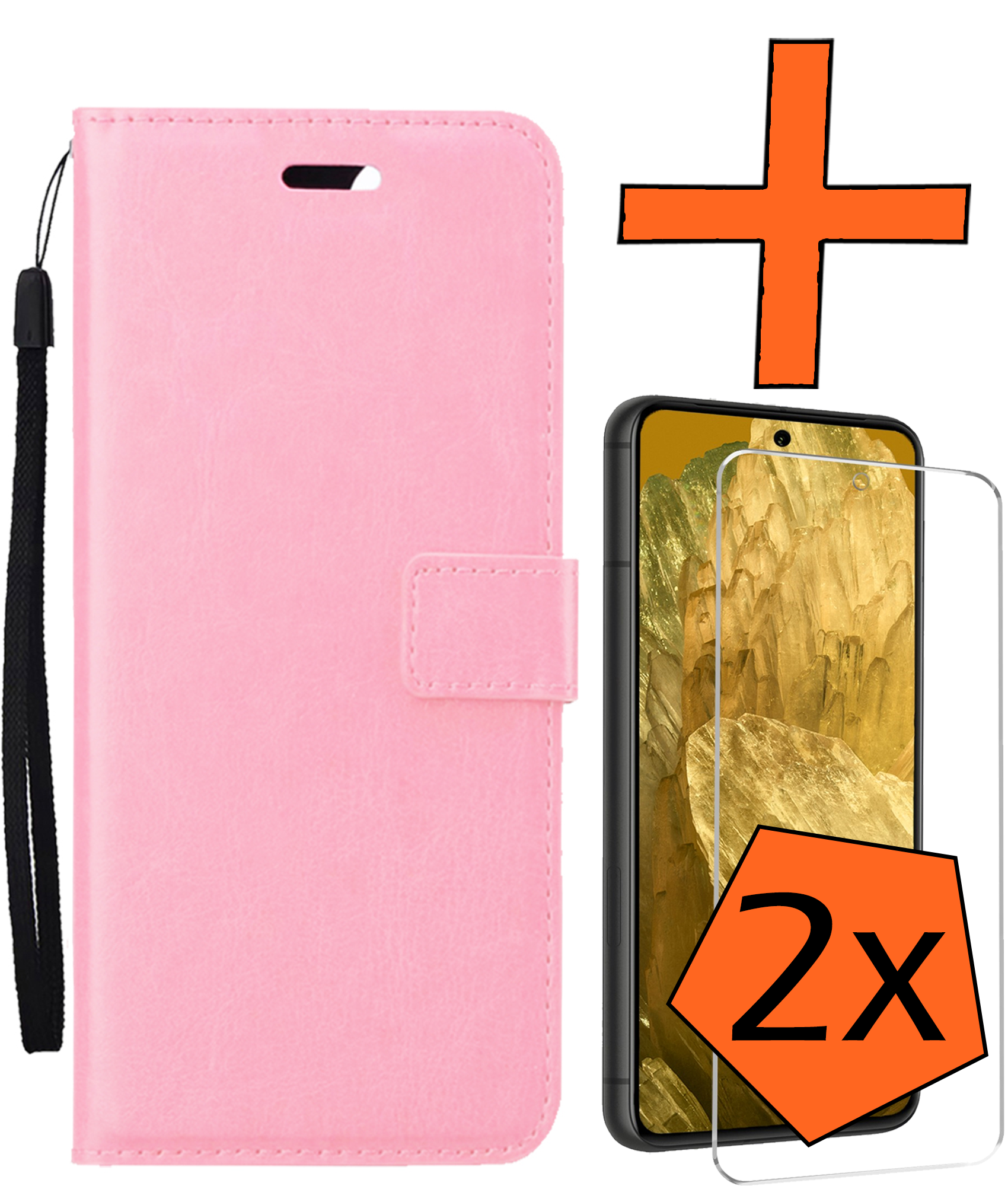 Nomfy Hoesje Geschikt voor Google Pixel 8a Hoes Bookcase Flipcase Book Cover Met 2x Screenprotector - Hoes Geschikt voor Google Pixel 8a Hoesje Book Case - Lichtroze