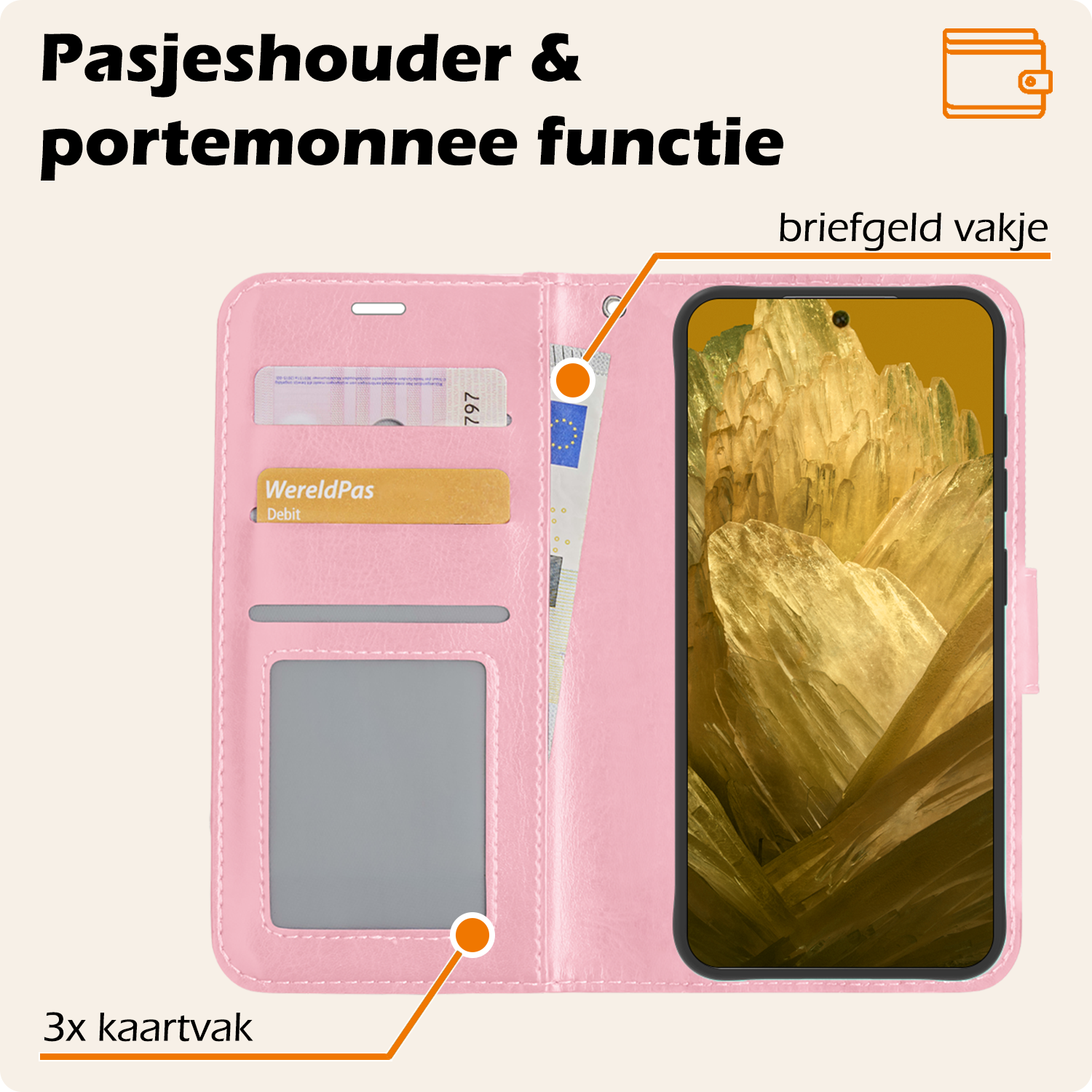 Nomfy Hoesje Geschikt voor Google Pixel 8a Hoes Bookcase Flipcase Book Cover Met 2x Screenprotector - Hoes Geschikt voor Google Pixel 8a Hoesje Book Case - Lichtroze