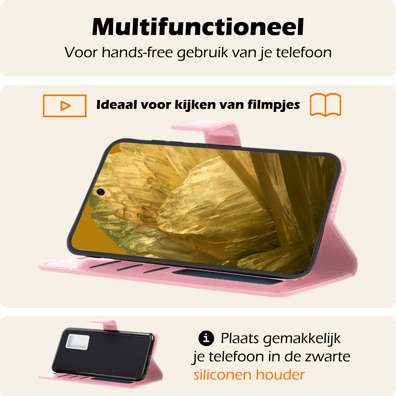Nomfy Hoesje Geschikt voor Google Pixel 8a Hoes Bookcase Flipcase Book Cover Met 2x Screenprotector - Hoes Geschikt voor Google Pixel 8a Hoesje Book Case - Lichtroze