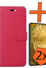 Nomfy Hoesje Geschikt voor Google Pixel 8a Hoes Bookcase Flipcase Book Cover Met 2x Screenprotector - Hoes Geschikt voor Google Pixel 8a Hoesje Book Case - Donkerroze