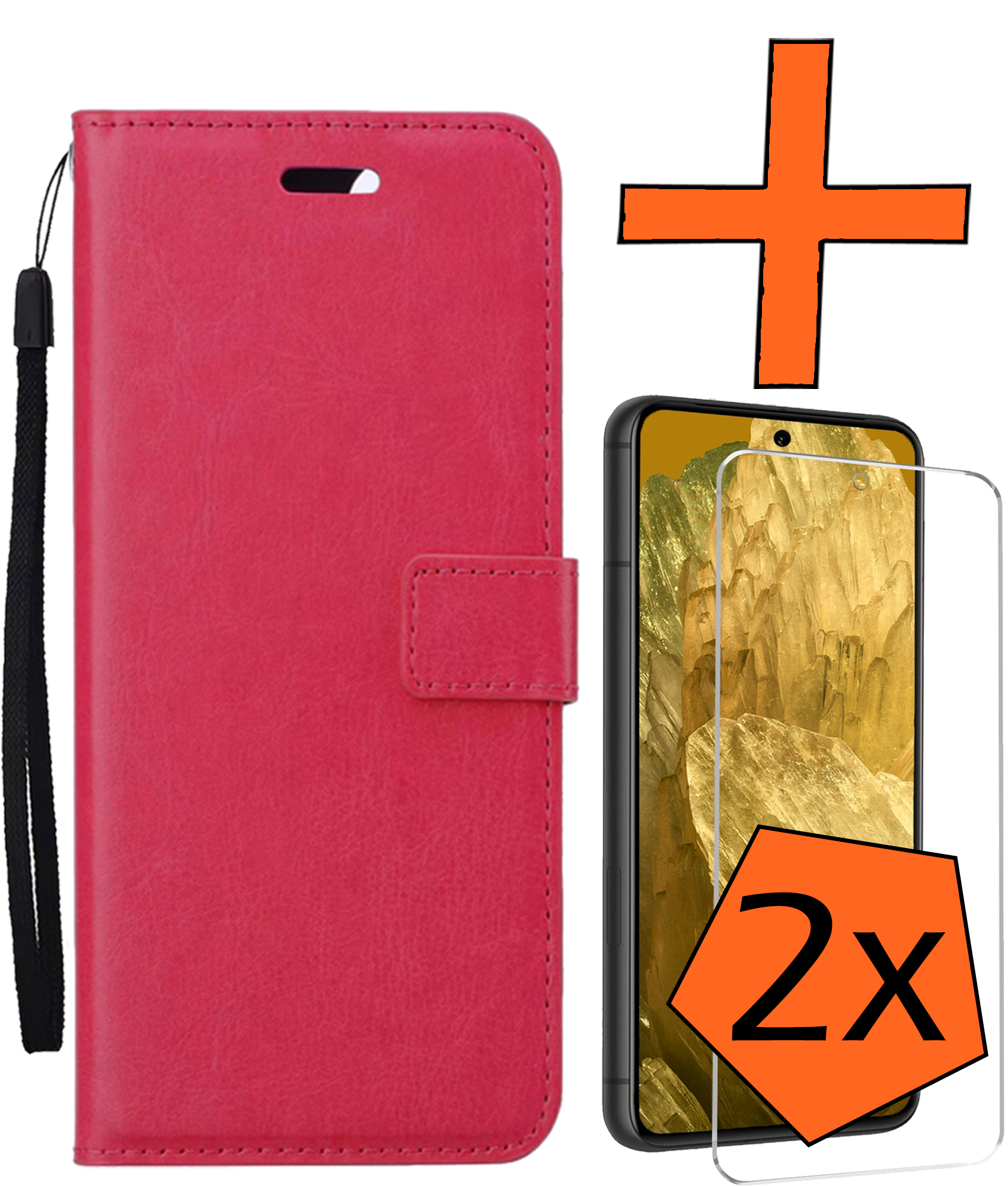 Nomfy Hoesje Geschikt voor Google Pixel 8a Hoes Bookcase Flipcase Book Cover Met 2x Screenprotector - Hoes Geschikt voor Google Pixel 8a Hoesje Book Case - Donkerroze