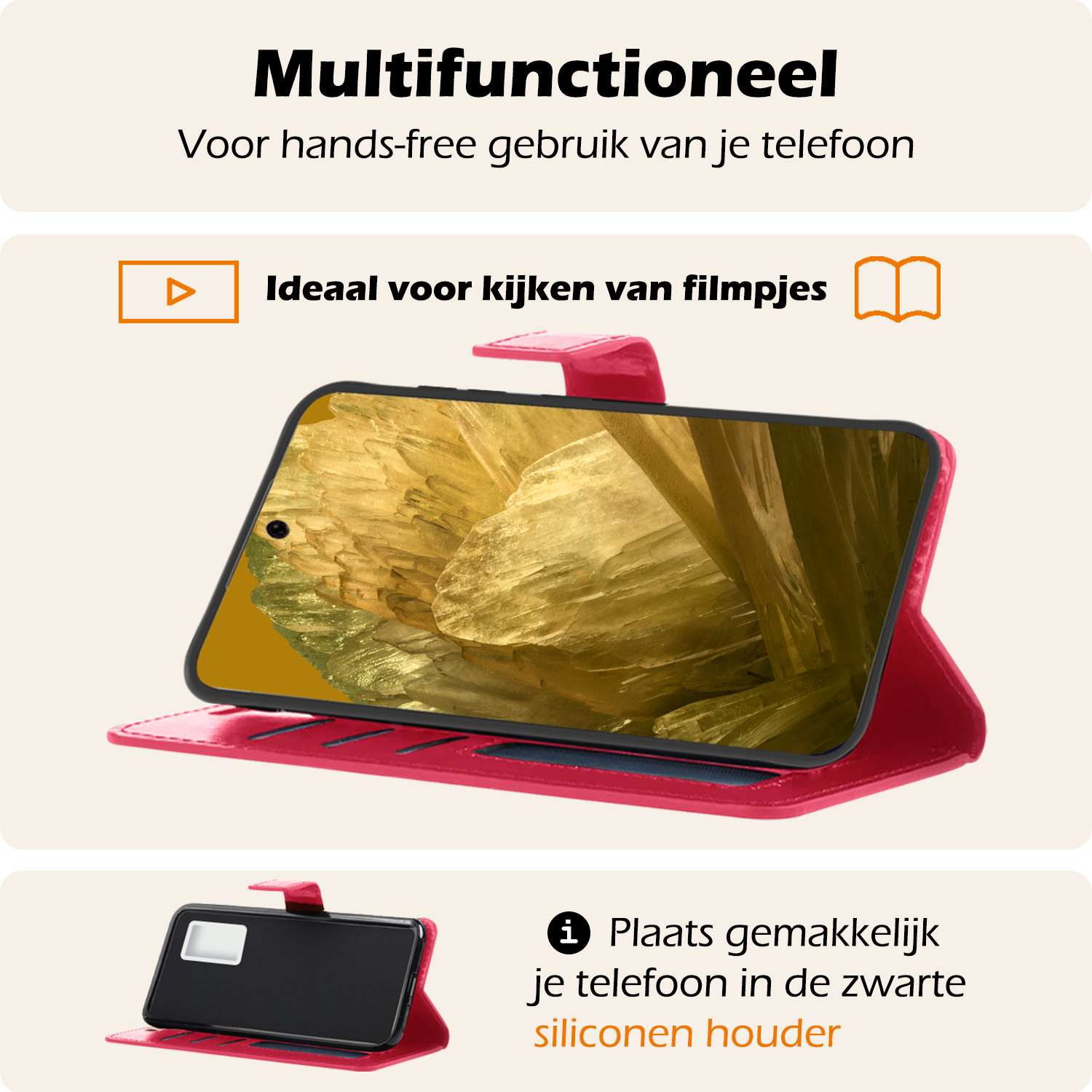 Nomfy Hoesje Geschikt voor Google Pixel 8a Hoes Bookcase Flipcase Book Cover Met 2x Screenprotector - Hoes Geschikt voor Google Pixel 8a Hoesje Book Case - Donkerroze