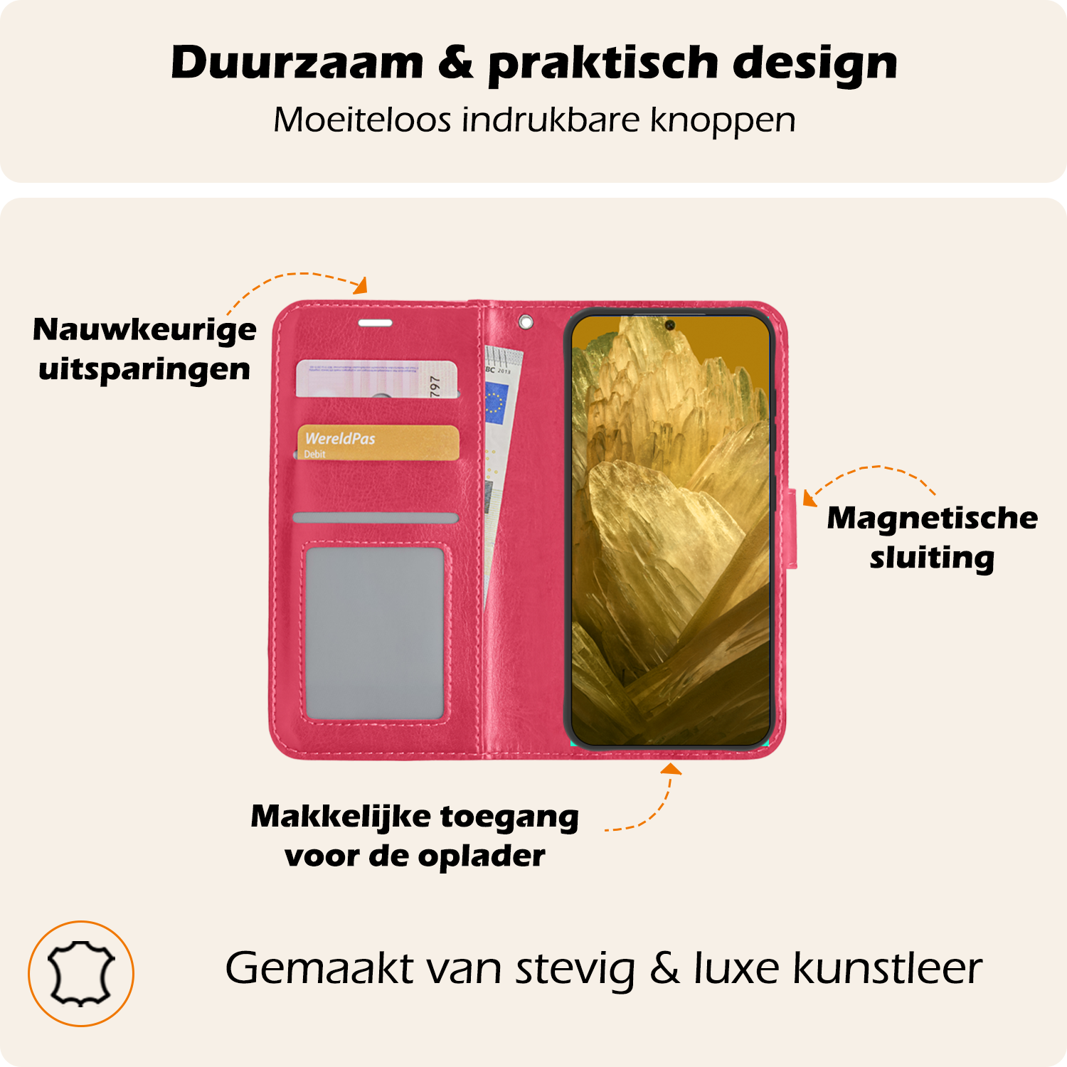 Nomfy Hoesje Geschikt voor Google Pixel 8a Hoes Bookcase Flipcase Book Cover Met 2x Screenprotector - Hoes Geschikt voor Google Pixel 8a Hoesje Book Case - Donkerroze