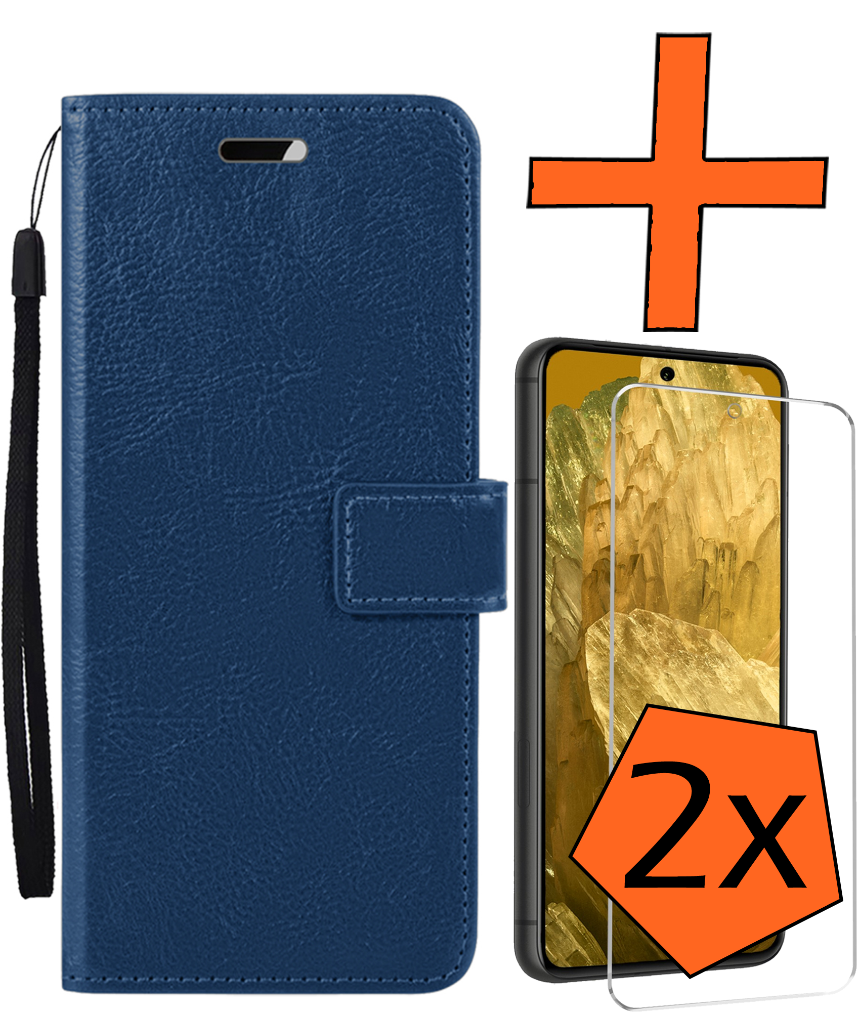 Nomfy Hoesje Geschikt voor Google Pixel 8a Hoes Bookcase Flipcase Book Cover Met 2x Screenprotector - Hoes Geschikt voor Google Pixel 8a Hoesje Book Case - Donkerblauw