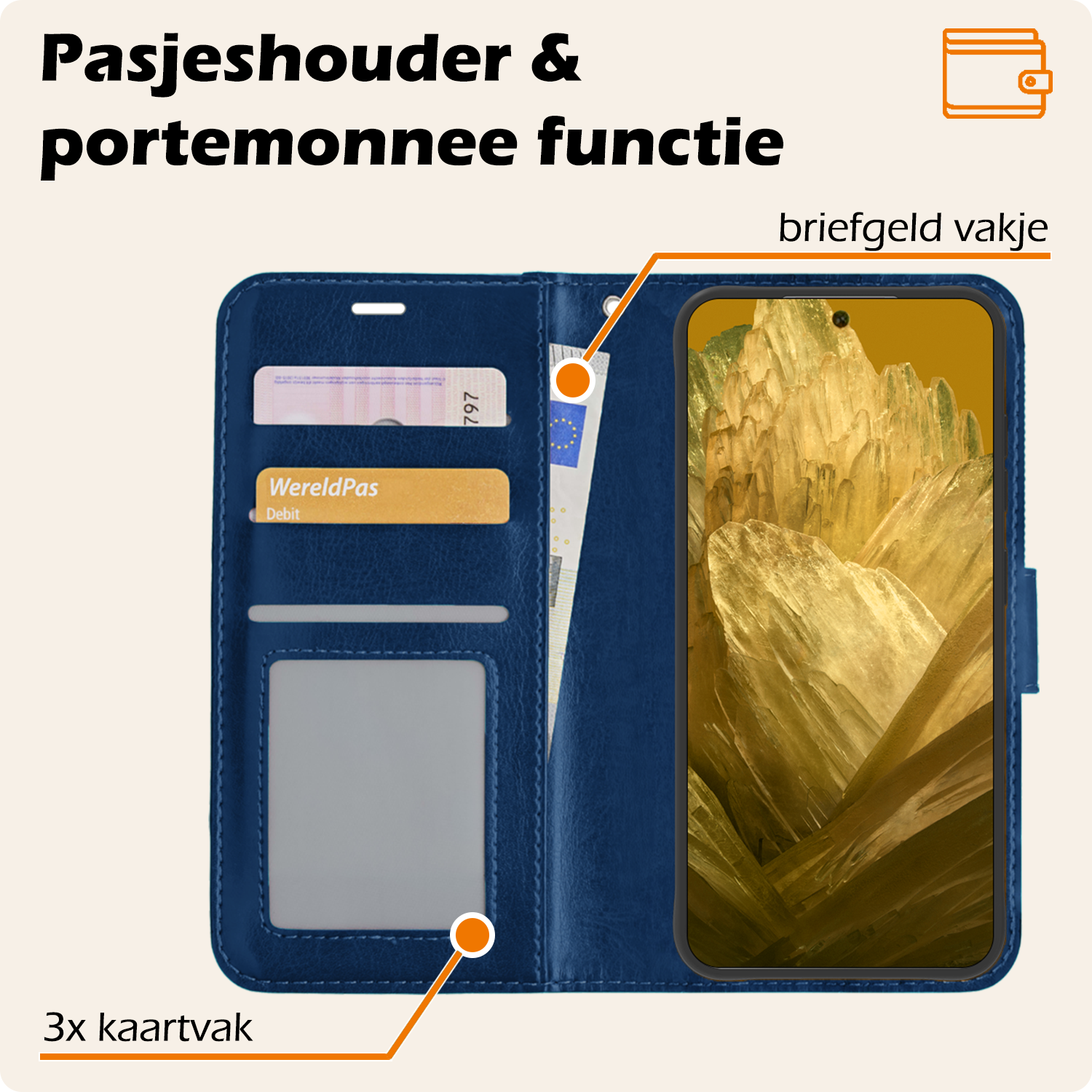 Nomfy Hoesje Geschikt voor Google Pixel 8a Hoes Bookcase Flipcase Book Cover Met 2x Screenprotector - Hoes Geschikt voor Google Pixel 8a Hoesje Book Case - Donkerblauw