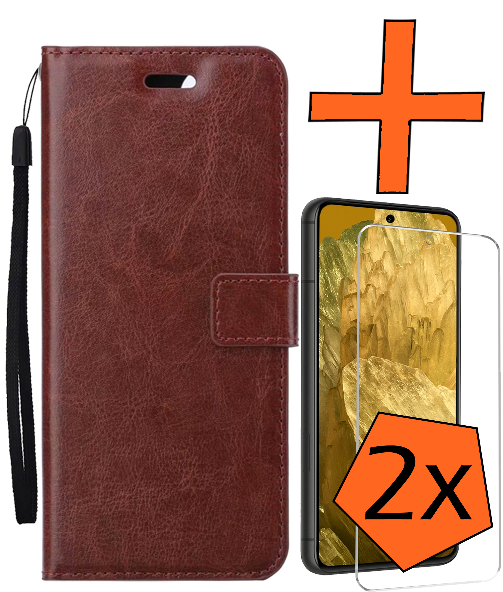 Nomfy Hoesje Geschikt voor Google Pixel 8a Hoes Bookcase Flipcase Book Cover Met 2x Screenprotector - Hoes Geschikt voor Google Pixel 8a Hoesje Book Case - Bruin