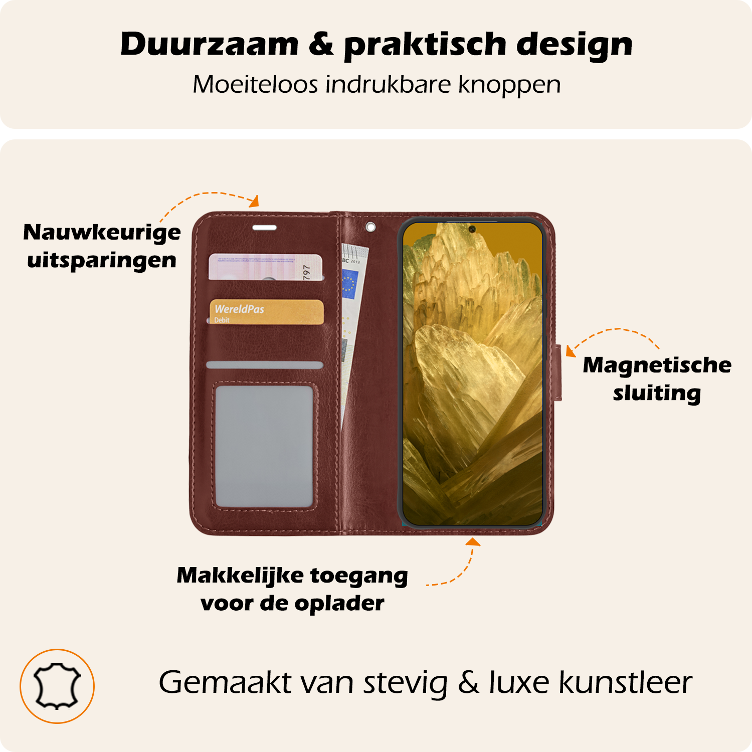 Nomfy Hoesje Geschikt voor Google Pixel 8a Hoes Bookcase Flipcase Book Cover Met 2x Screenprotector - Hoes Geschikt voor Google Pixel 8a Hoesje Book Case - Bruin