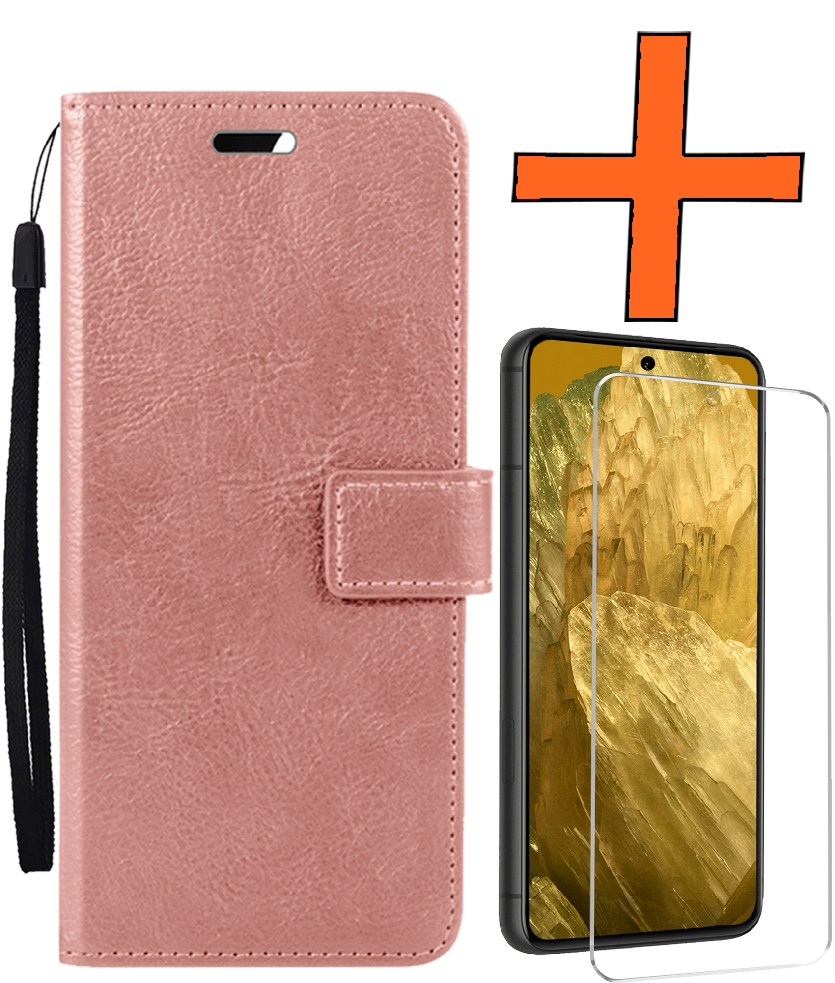 Nomfy Hoesje Geschikt voor Google Pixel 8a Hoes Bookcase Flipcase Book Cover Met Screenprotector - Hoes Geschikt voor Google Pixel 8a Hoesje Book Case - Rosé goud