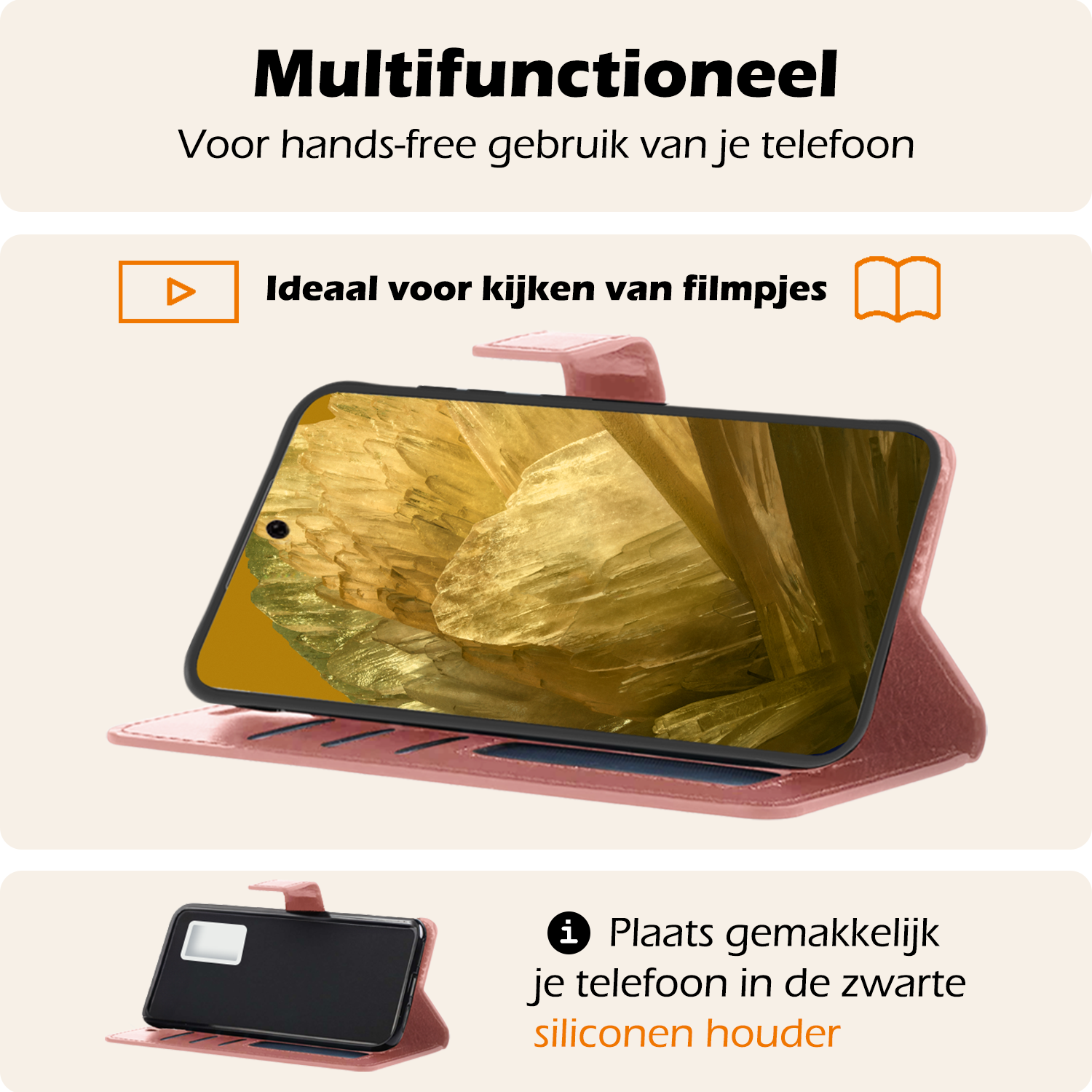 Nomfy Hoesje Geschikt voor Google Pixel 8a Hoes Bookcase Flipcase Book Cover Met Screenprotector - Hoes Geschikt voor Google Pixel 8a Hoesje Book Case - Rosé goud
