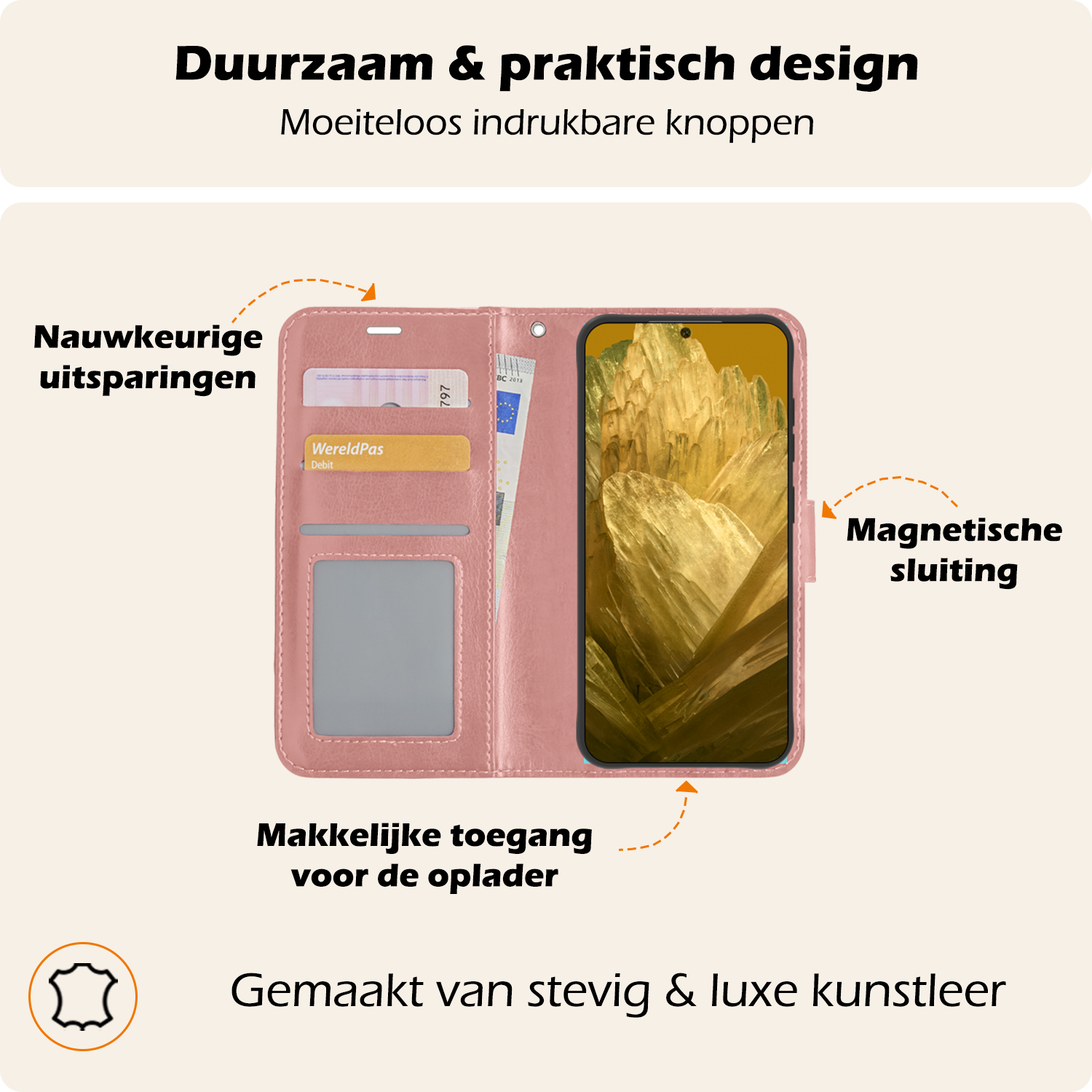 Nomfy Hoesje Geschikt voor Google Pixel 8a Hoes Bookcase Flipcase Book Cover Met Screenprotector - Hoes Geschikt voor Google Pixel 8a Hoesje Book Case - Rosé goud