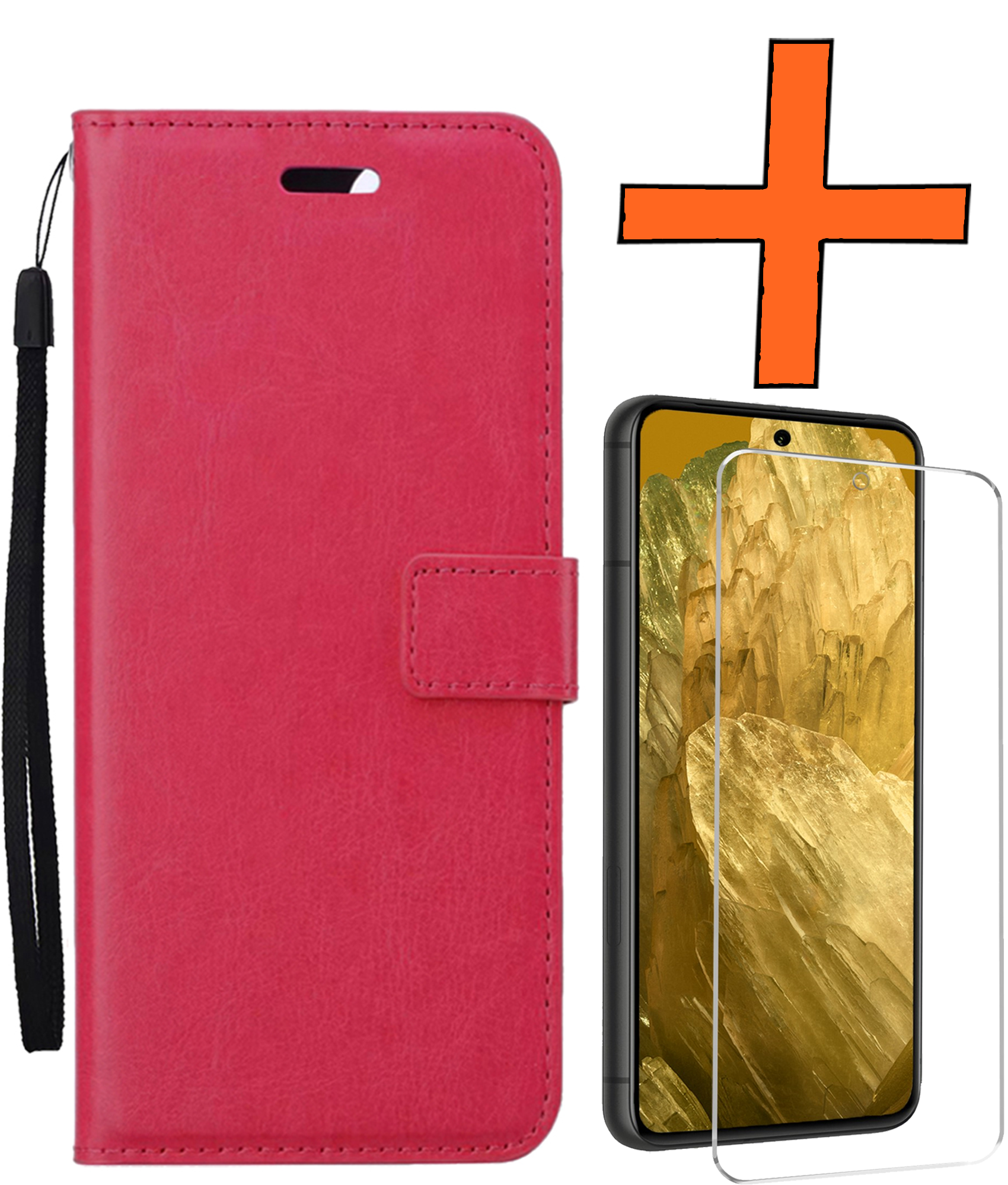 Nomfy Hoesje Geschikt voor Google Pixel 8a Hoes Bookcase Flipcase Book Cover Met Screenprotector - Hoes Geschikt voor Google Pixel 8a Hoesje Book Case - Donkerroze