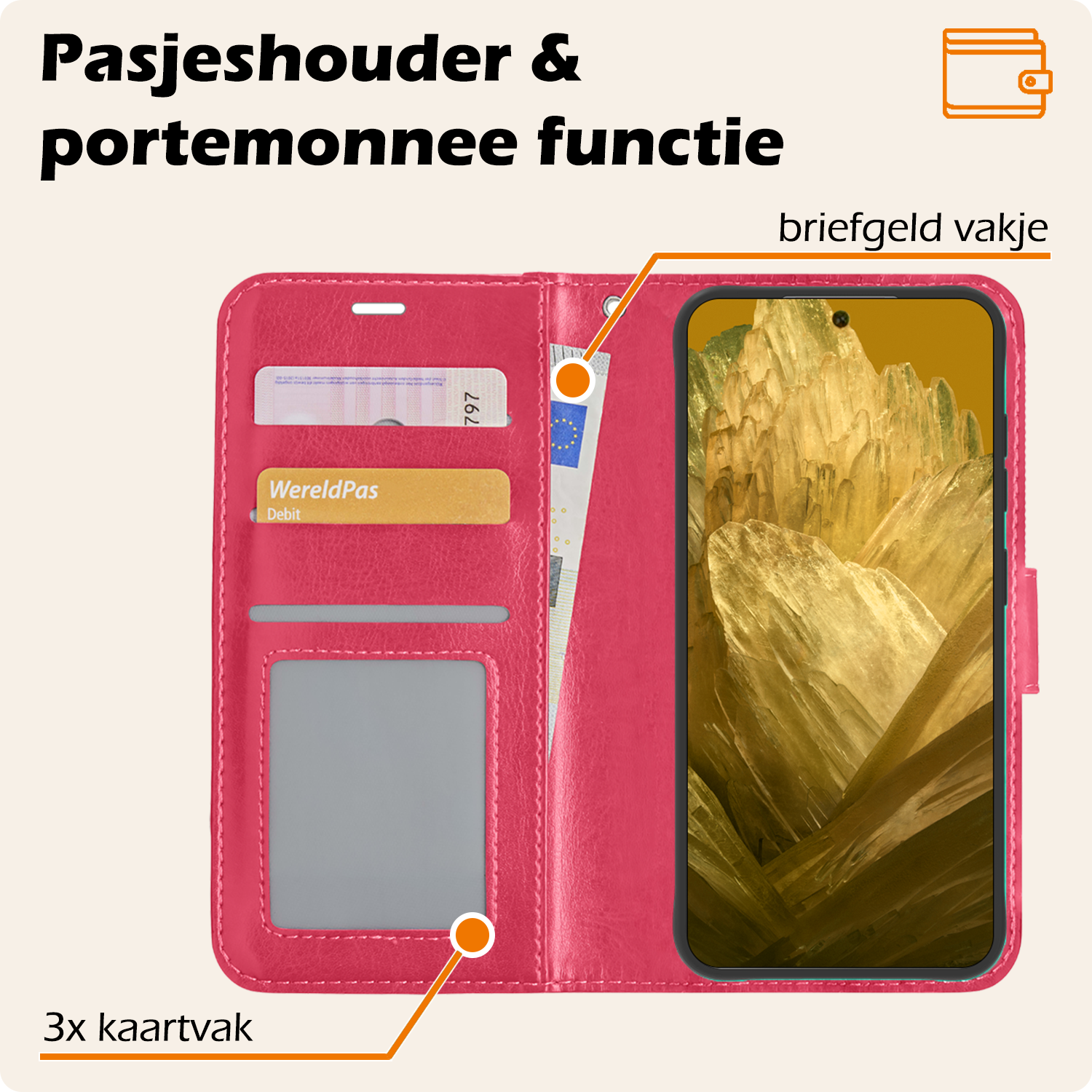 Nomfy Hoesje Geschikt voor Google Pixel 8a Hoes Bookcase Flipcase Book Cover Met Screenprotector - Hoes Geschikt voor Google Pixel 8a Hoesje Book Case - Donkerroze