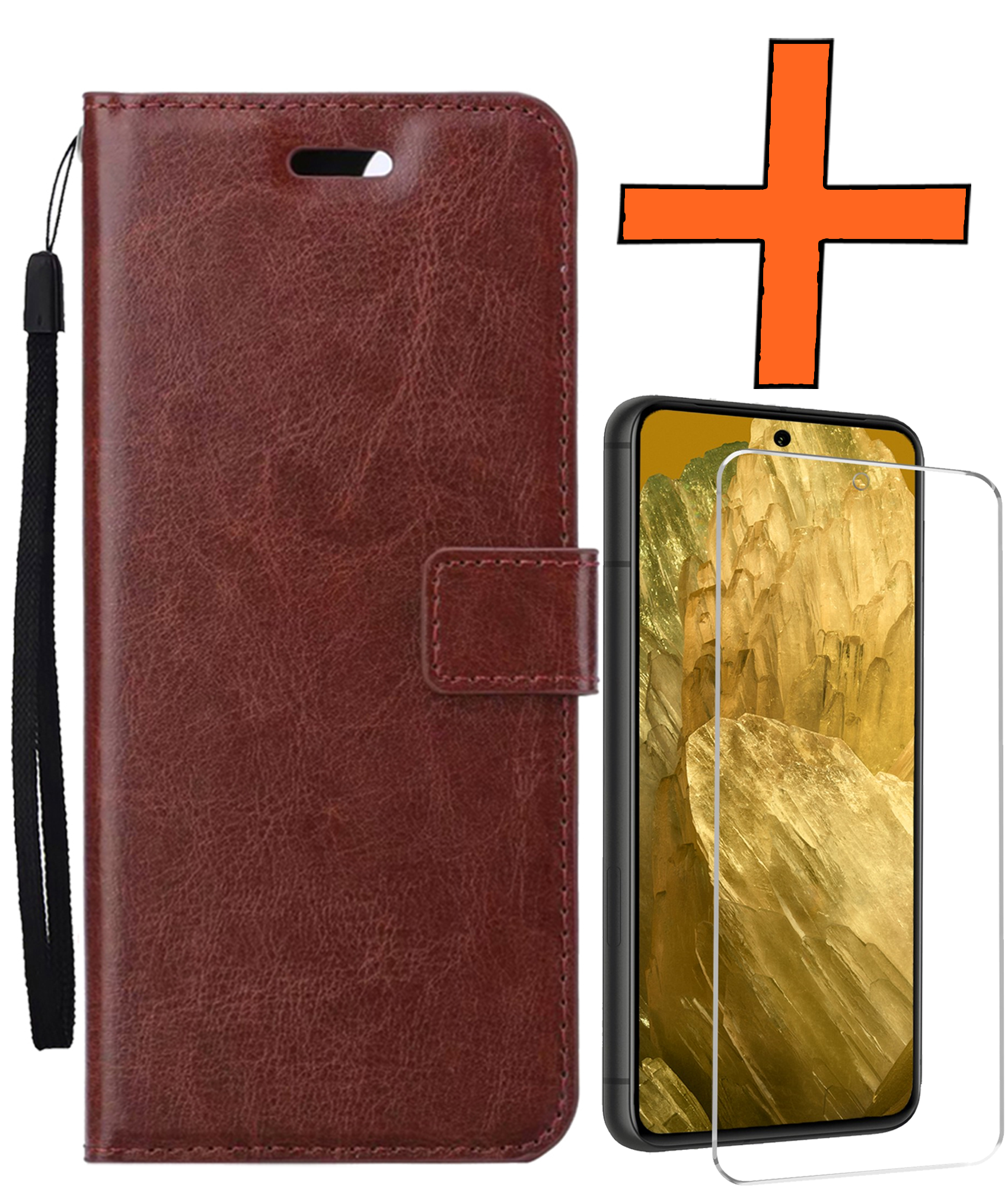 Nomfy Hoesje Geschikt voor Google Pixel 8a Hoes Bookcase Flipcase Book Cover Met Screenprotector - Hoes Geschikt voor Google Pixel 8a Hoesje Book Case - Bruin