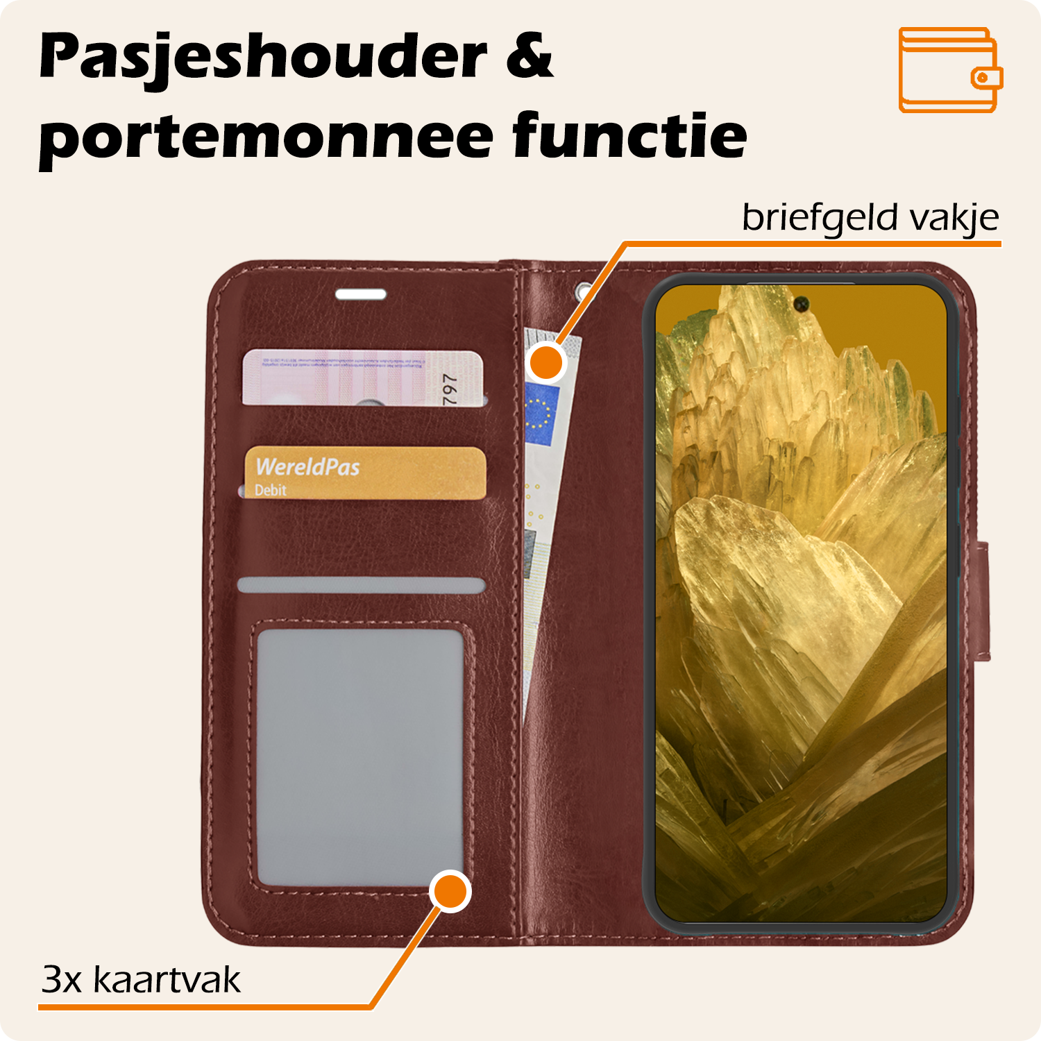 Nomfy Hoesje Geschikt voor Google Pixel 8a Hoes Bookcase Flipcase Book Cover Met Screenprotector - Hoes Geschikt voor Google Pixel 8a Hoesje Book Case - Bruin