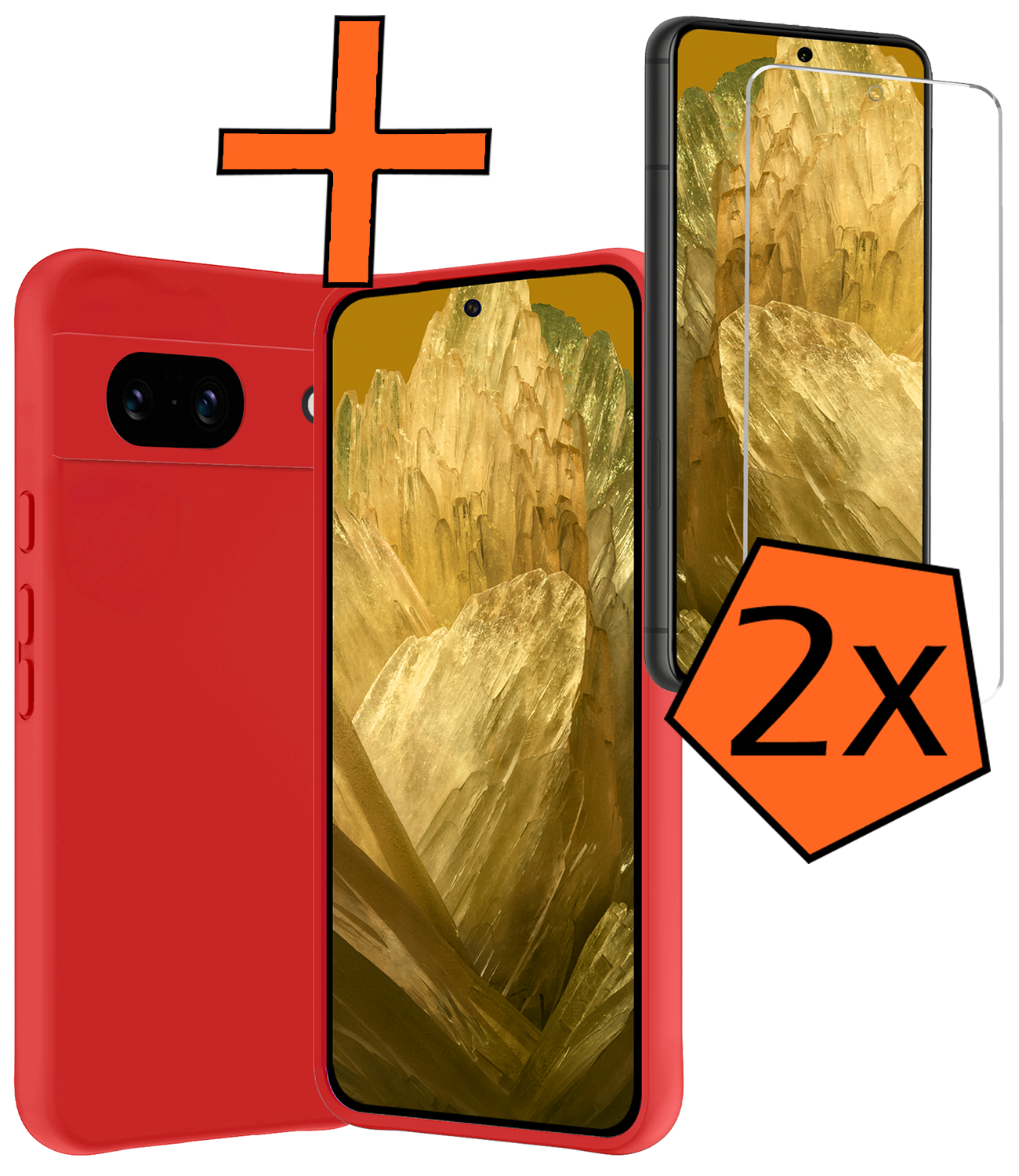 Nomfy Hoesje Geschikt voor Google Pixel 8a Hoesje Siliconen Cover Case Met 2x Screenprotector - Hoes Geschikt voor Google Pixel 8a Hoes Back Case - Rood