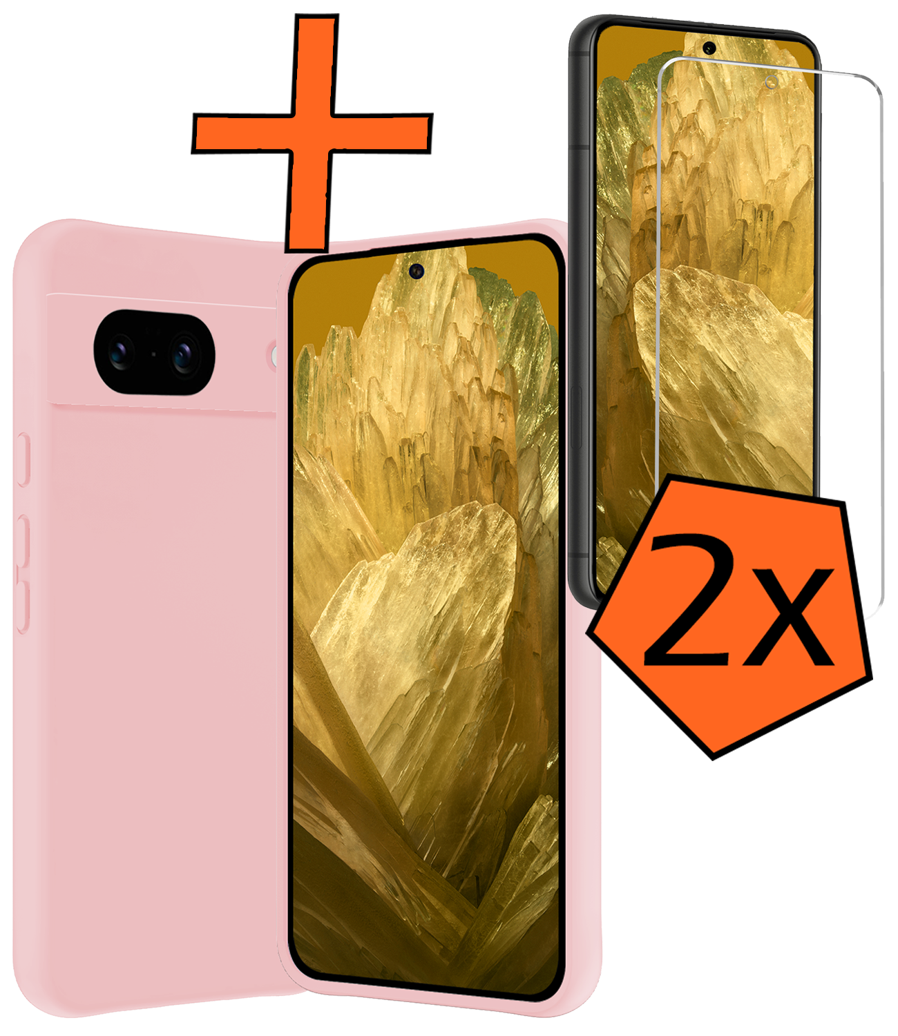 Nomfy Hoesje Geschikt voor Google Pixel 8a Hoesje Siliconen Cover Case Met 2x Screenprotector - Hoes Geschikt voor Google Pixel 8a Hoes Back Case - Lichtroze