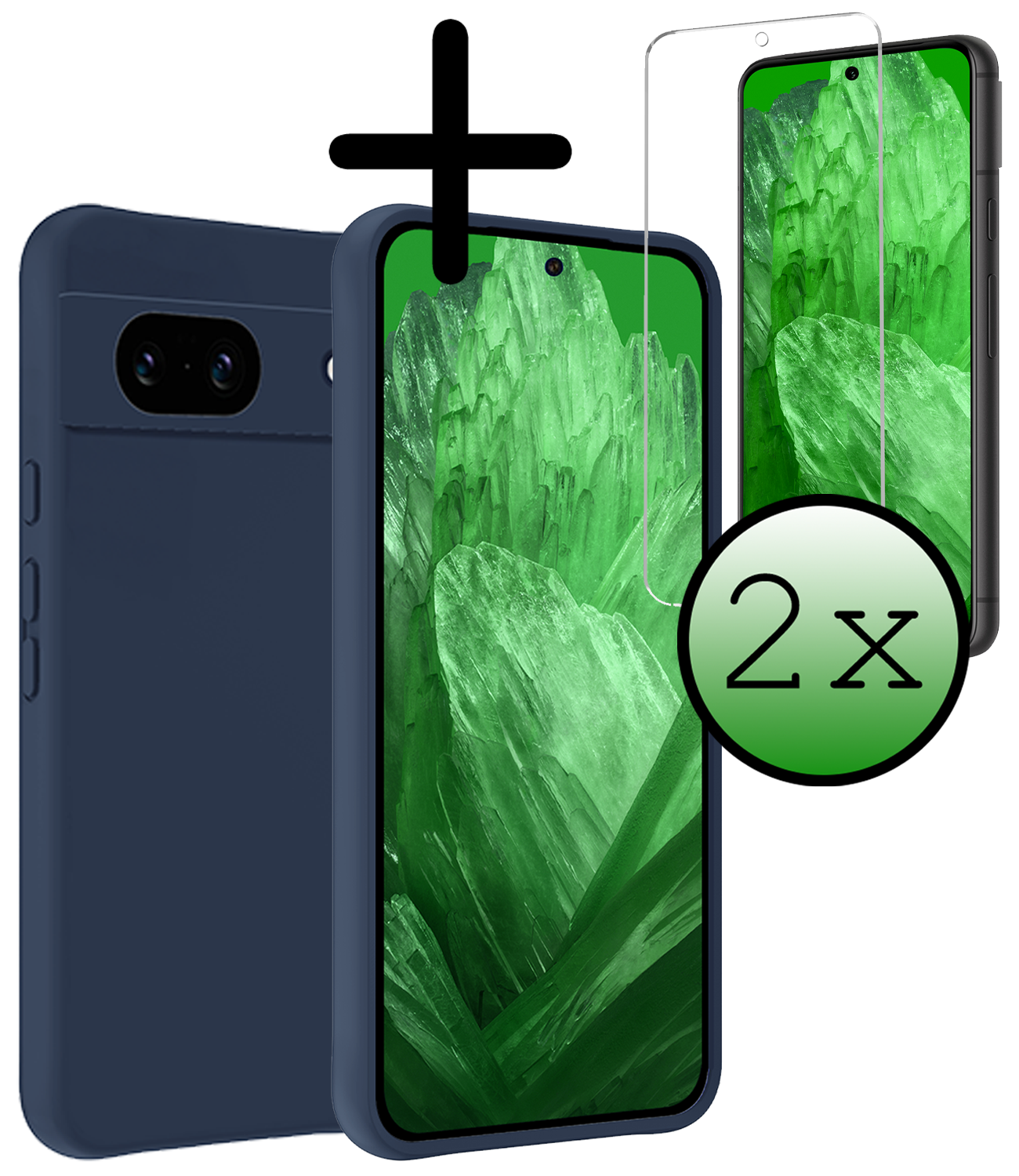 BASEY. Hoes Geschikt voor Google Pixel 8a Hoesje Siliconen Back Cover Case Met 2x Screenprotector - Hoesje Geschikt voor Google Pixel 8a Hoes Cover Hoesje - Donkerblauw