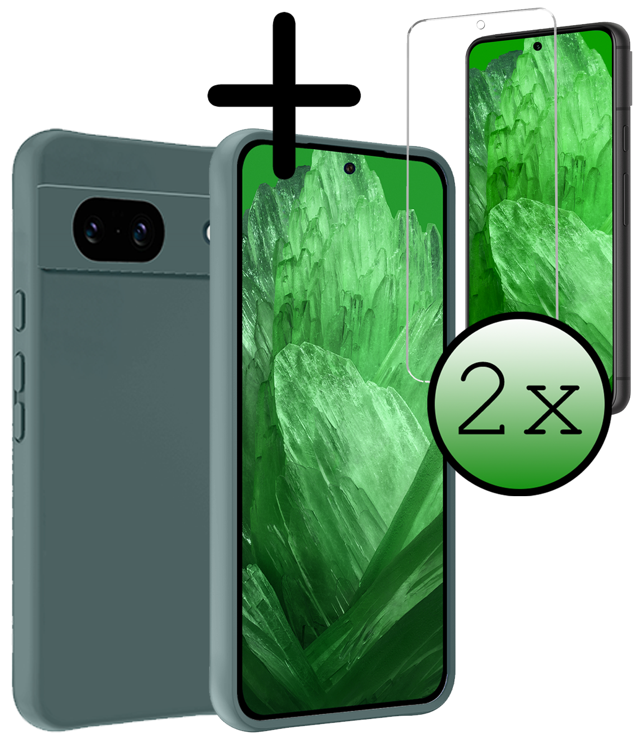 BASEY. Hoes Geschikt voor Google Pixel 8a Hoesje Siliconen Back Cover Case Met 2x Screenprotector - Hoesje Geschikt voor Google Pixel 8a Hoes Cover Hoesje - Donkergroen