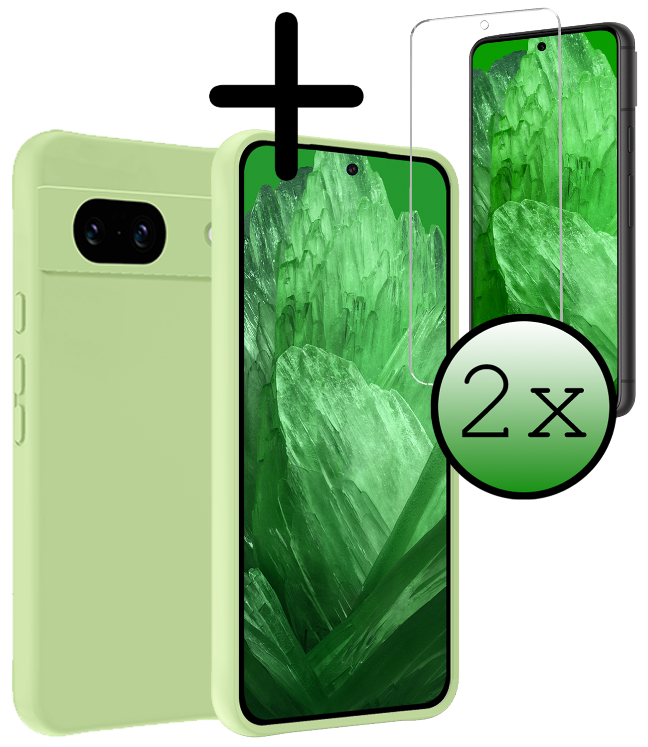 BASEY. Hoes Geschikt voor Google Pixel 8a Hoesje Siliconen Back Cover Case Met 2x Screenprotector - Hoesje Geschikt voor Google Pixel 8a Hoes Cover Hoesje - Groen