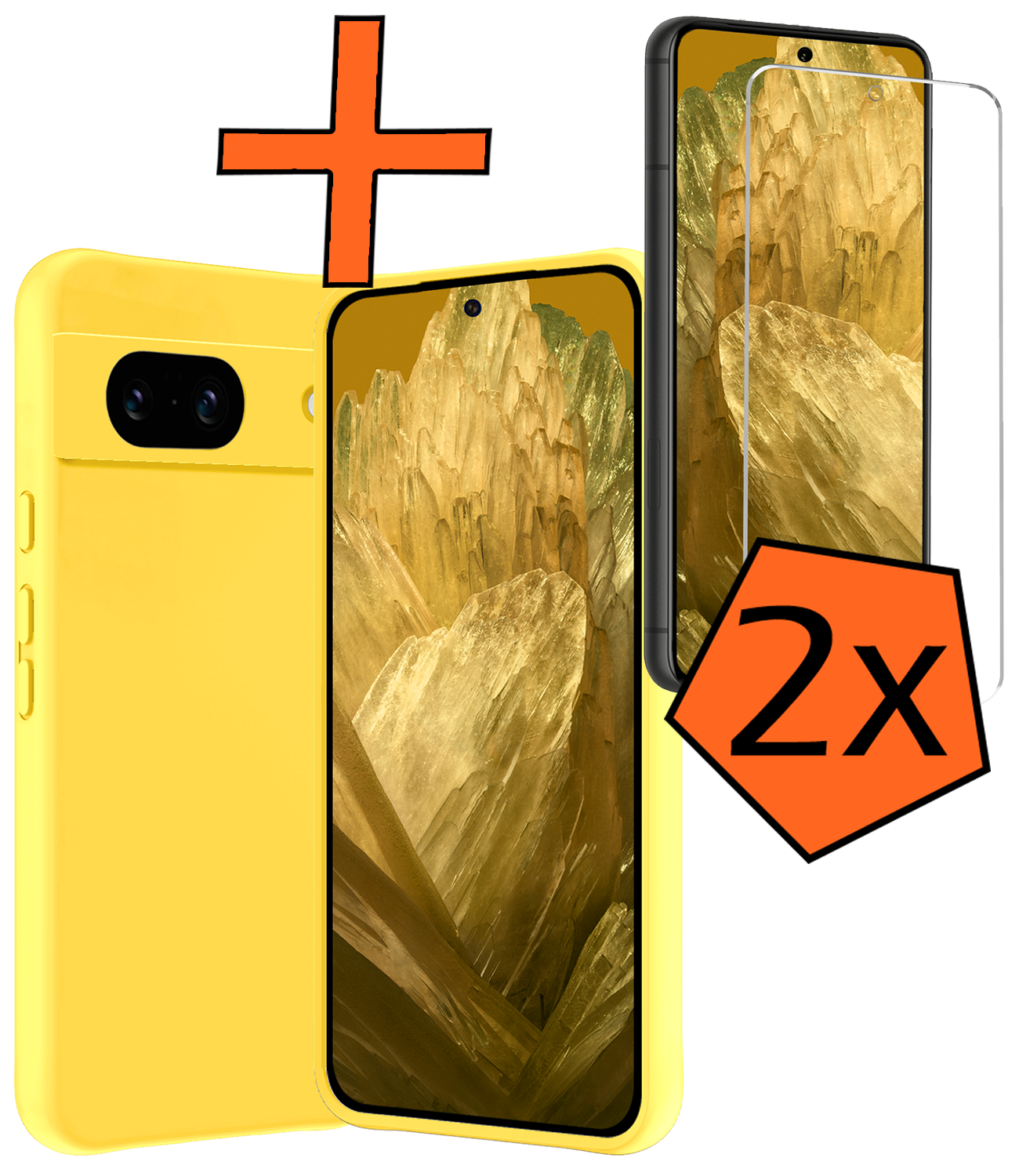 Nomfy Hoesje Geschikt voor Google Pixel 8a Hoesje Siliconen Cover Case Met 2x Screenprotector - Hoes Geschikt voor Google Pixel 8a Hoes Back Case - Geel