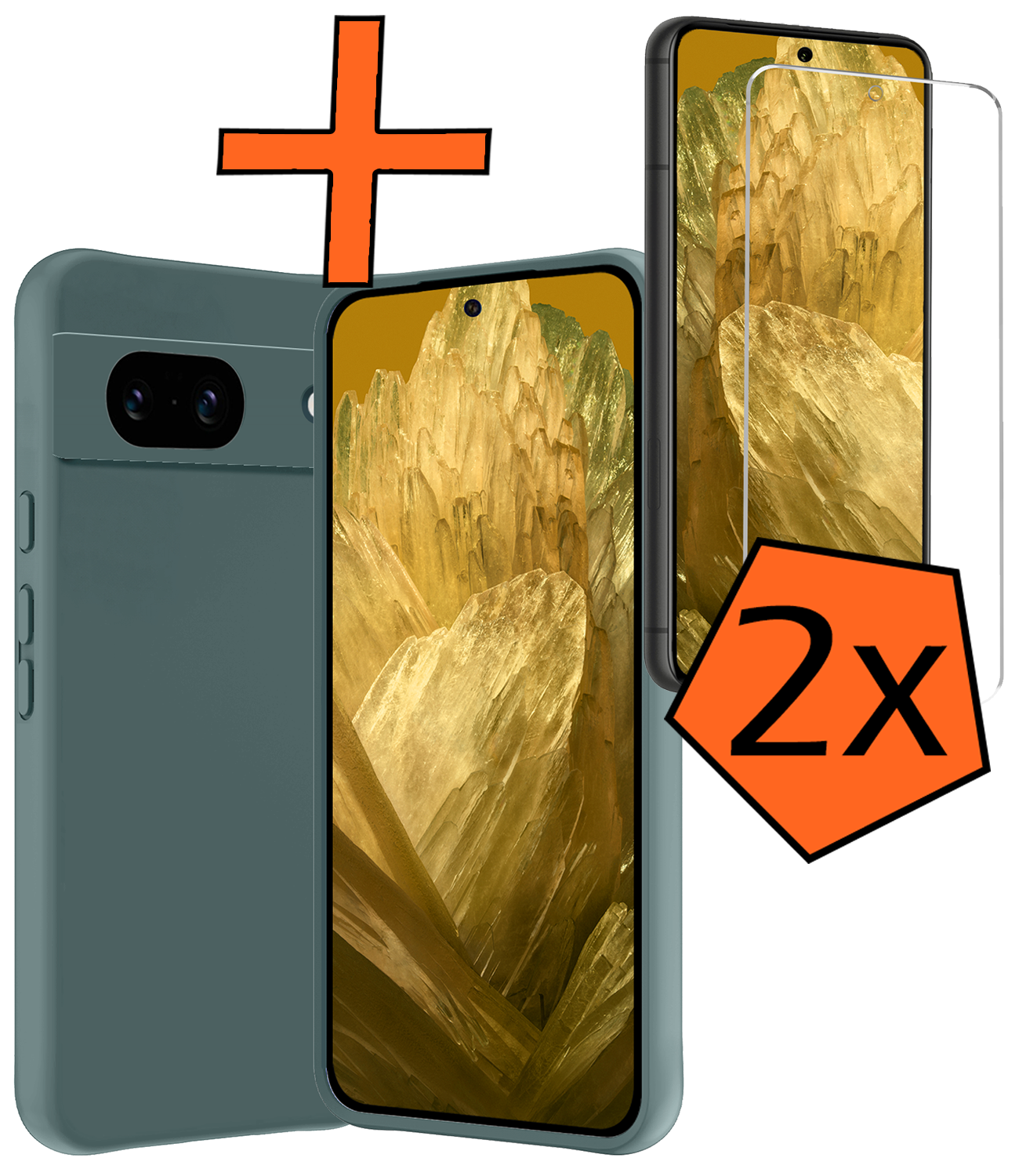 Nomfy Hoesje Geschikt voor Google Pixel 8a Hoesje Siliconen Cover Case Met 2x Screenprotector - Hoes Geschikt voor Google Pixel 8a Hoes Back Case - Donkergroen