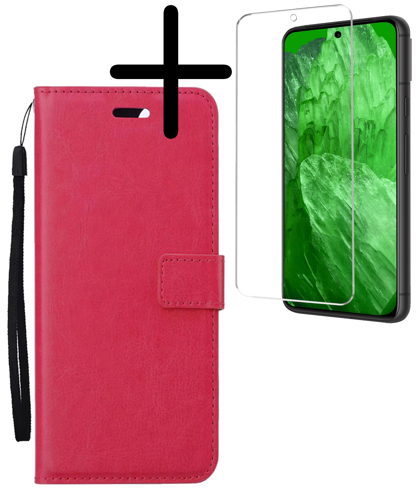 BASEY. Hoes Geschikt voor Google Pixel 8a Hoesje Bookcase Hoes Flip Case Book Cover Met Screenprotector - Hoesje Geschikt voor Google Pixel 8a Hoes Book Case Hoesje - Donkerroze