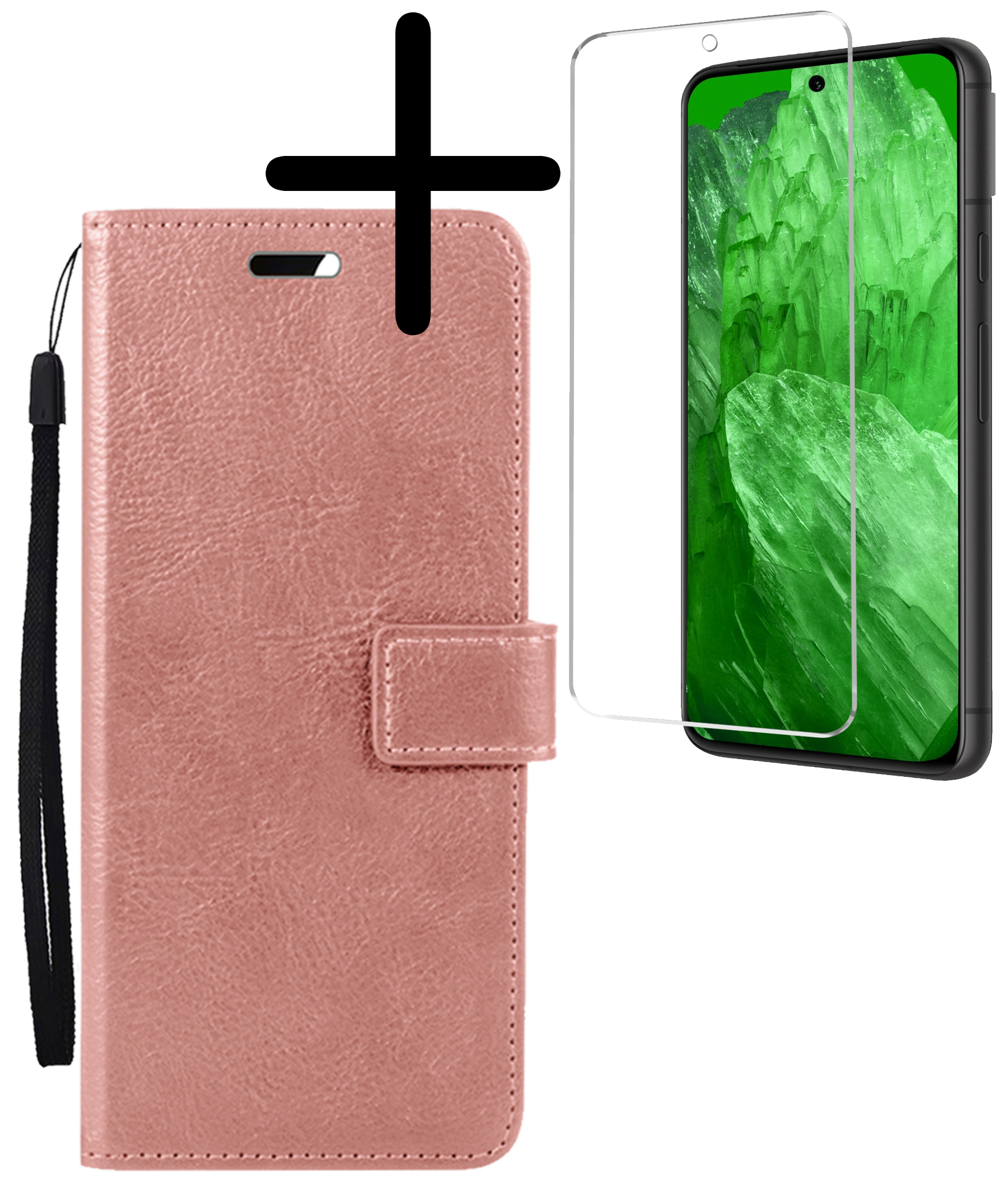 BASEY. Hoes Geschikt voor Google Pixel 8a Hoesje Bookcase Hoes Flip Case Book Cover Met Screenprotector - Hoesje Geschikt voor Google Pixel 8a Hoes Book Case Hoesje - Rosé goud