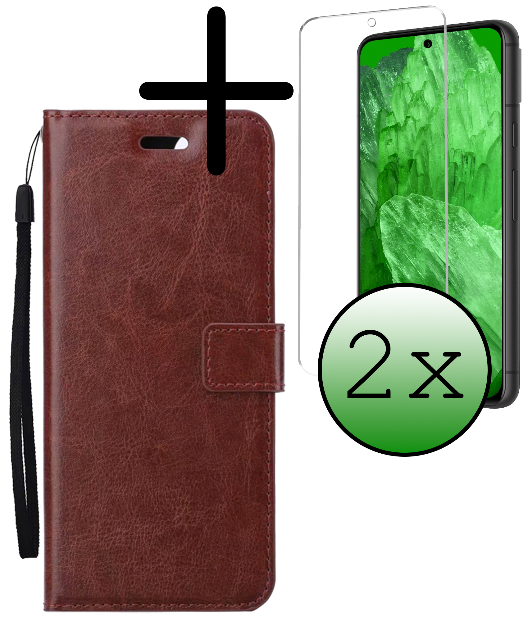 BASEY. Hoes Geschikt voor Google Pixel 8a Hoesje Bookcase Hoes Flip Case Book Cover Met 2x Screenprotector - Hoesje Geschikt voor Google Pixel 8a Hoes Book Case Hoesje - Bruin