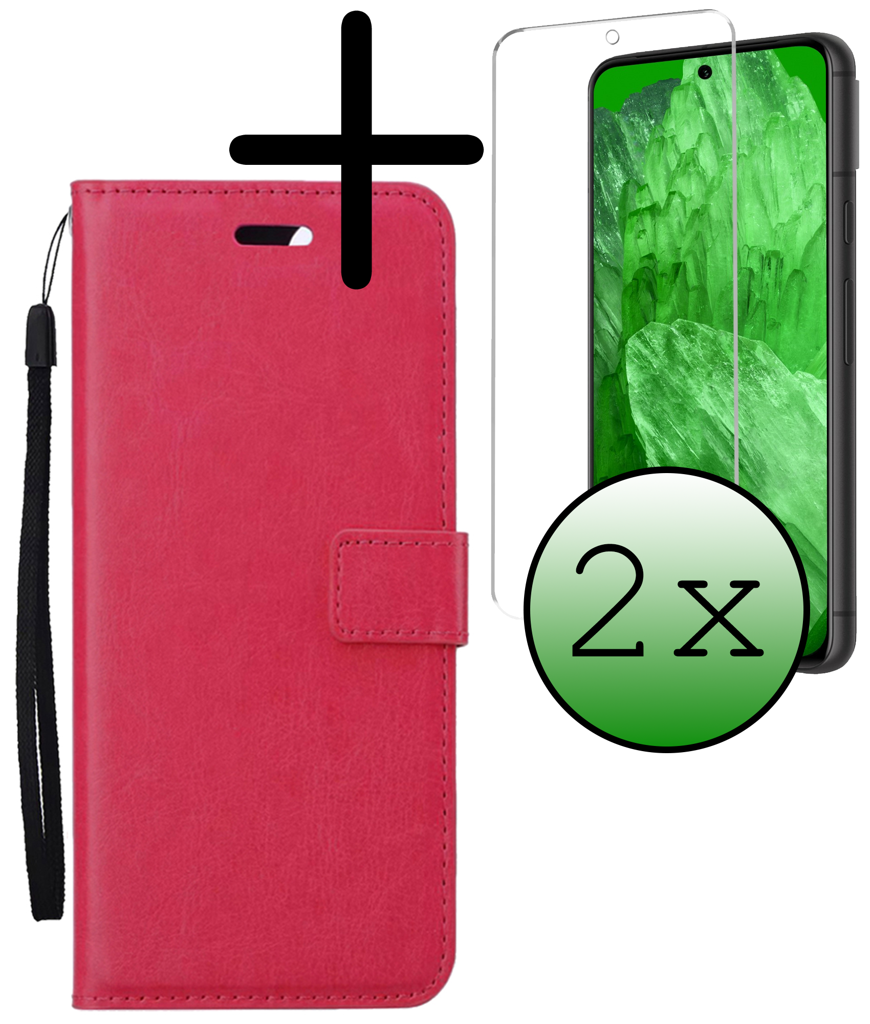 BASEY. Hoes Geschikt voor Google Pixel 8a Hoesje Bookcase Hoes Flip Case Book Cover Met 2x Screenprotector - Hoesje Geschikt voor Google Pixel 8a Hoes Book Case Hoesje - Donkerroze