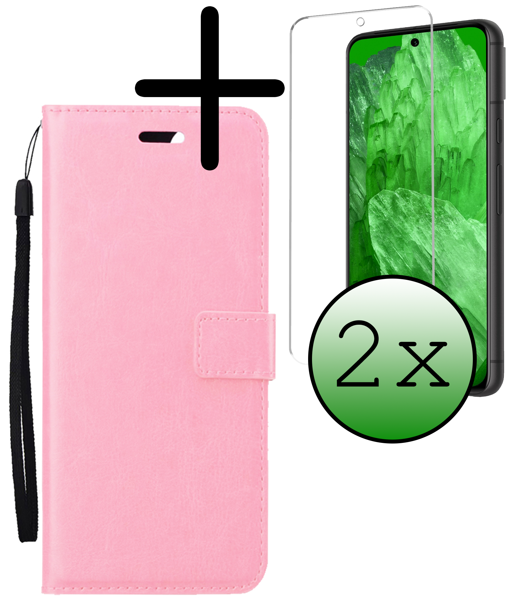 BASEY. Hoes Geschikt voor Google Pixel 8a Hoesje Bookcase Hoes Flip Case Book Cover Met 2x Screenprotector - Hoesje Geschikt voor Google Pixel 8a Hoes Book Case Hoesje - Lichtroze
