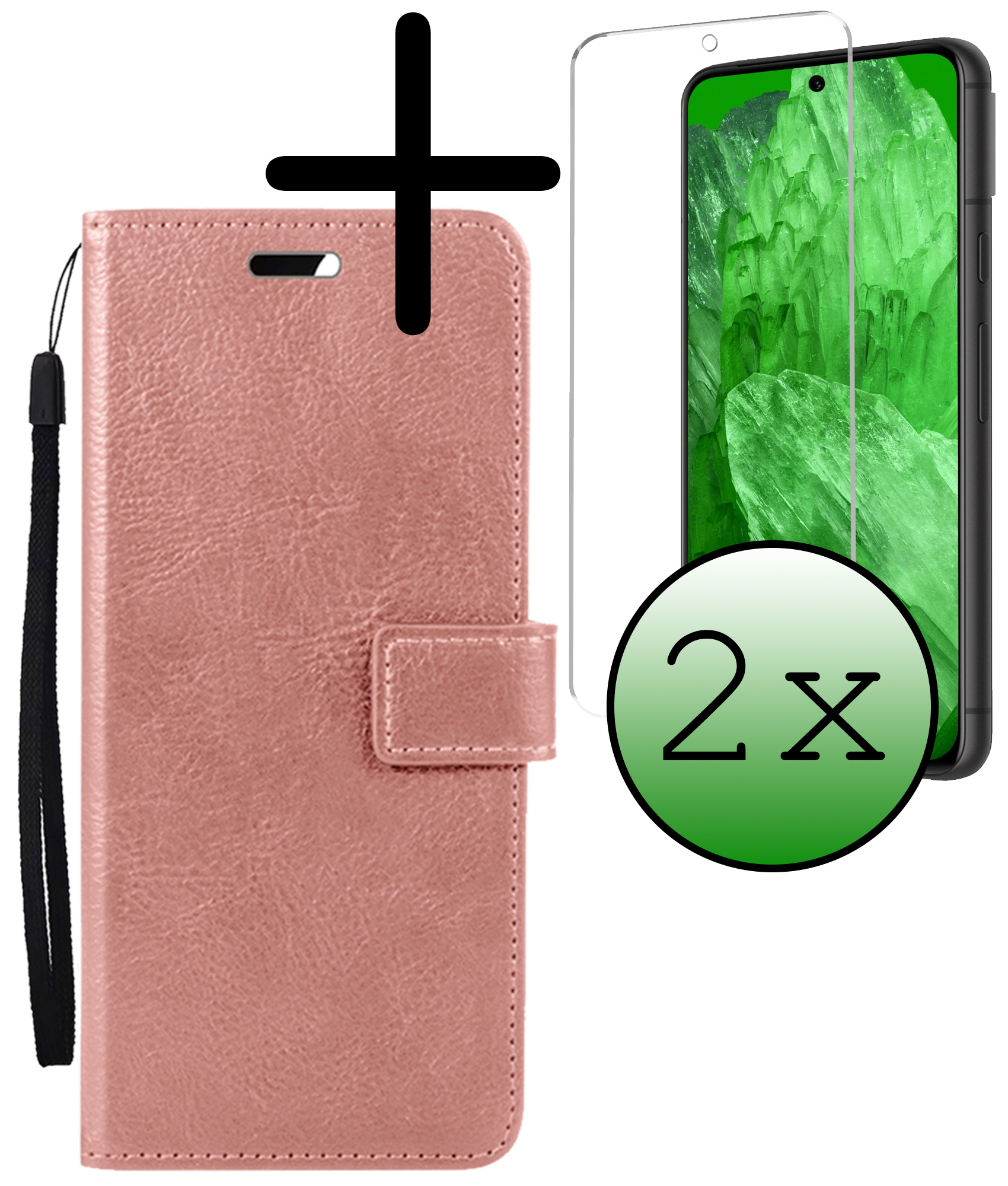 BASEY. Hoes Geschikt voor Google Pixel 8a Hoesje Bookcase Hoes Flip Case Book Cover Met 2x Screenprotector - Hoesje Geschikt voor Google Pixel 8a Hoes Book Case Hoesje - Rosé goud
