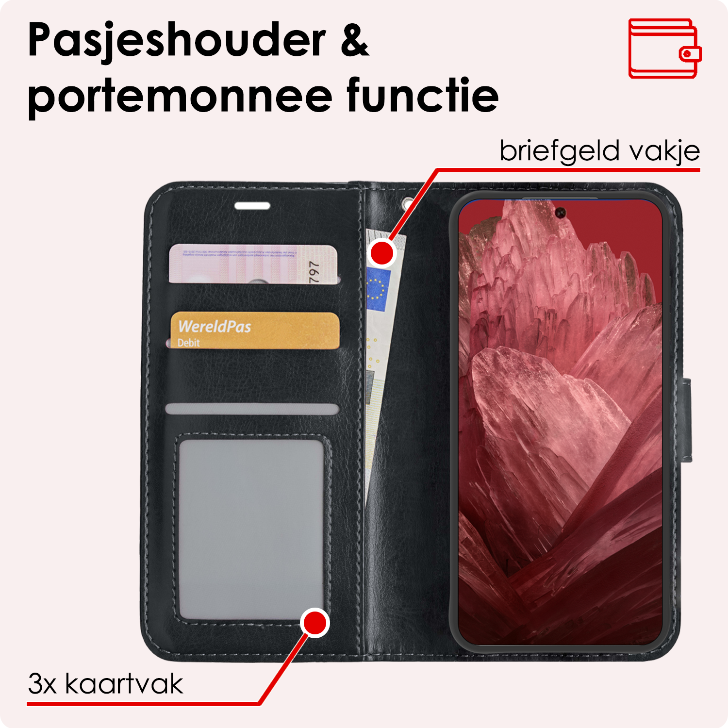 NoXx Hoes Geschikt voor Google Pixel 8a Hoesje Book Case Hoes Flip Cover Wallet Bookcase Met 2x Screenprotector - Zwart