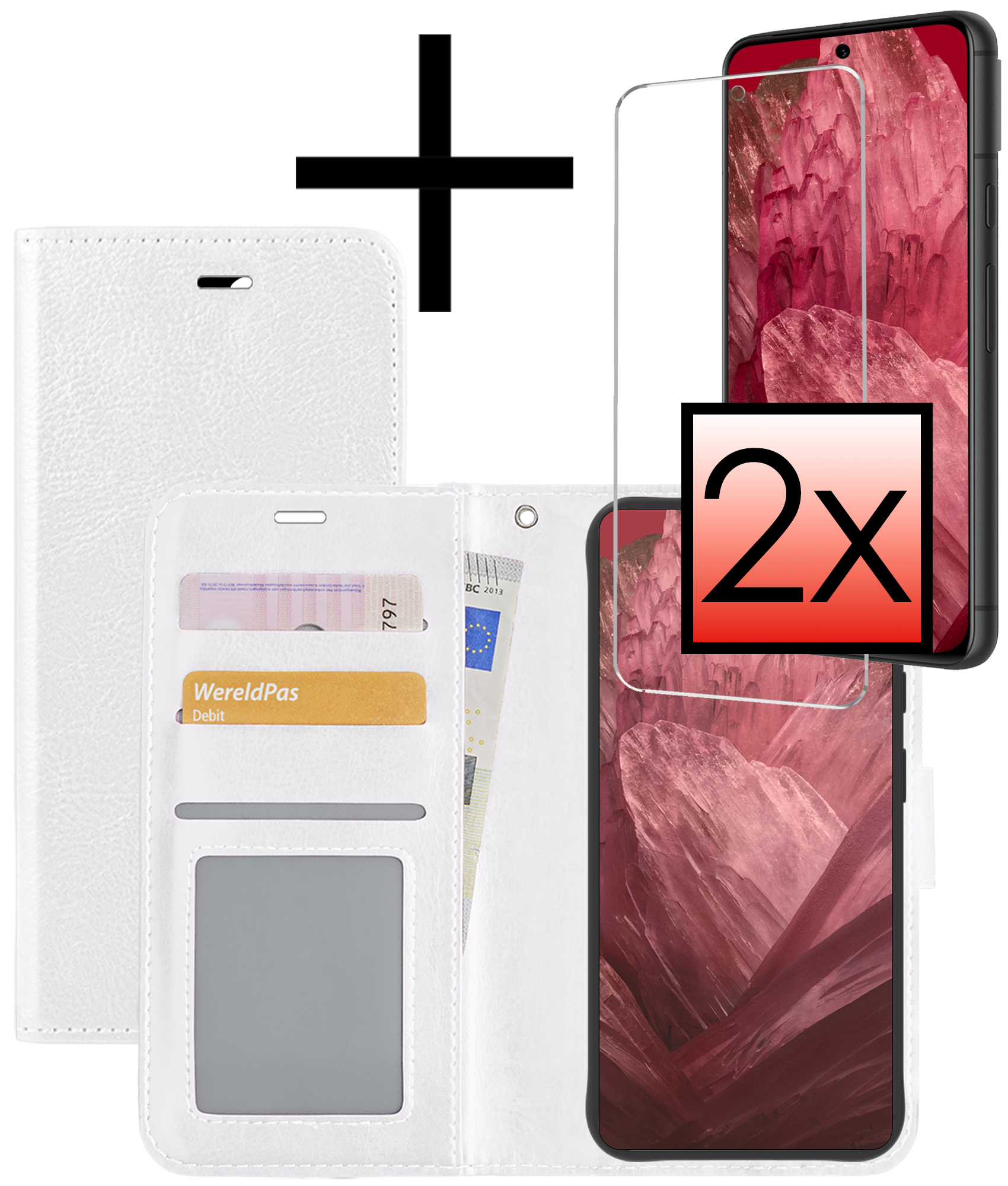 NoXx Hoes Geschikt voor Google Pixel 8a Hoesje Book Case Hoes Flip Cover Wallet Bookcase Met 2x Screenprotector - Wit