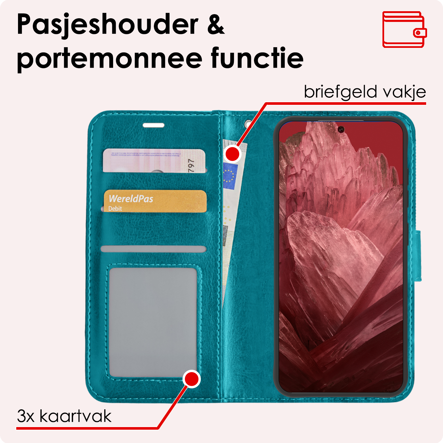 NoXx Hoes Geschikt voor Google Pixel 8a Hoesje Book Case Hoes Flip Cover Wallet Bookcase Met 2x Screenprotector - Turquoise