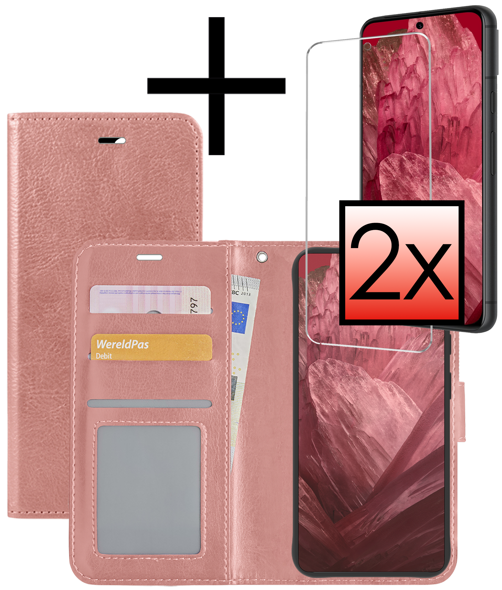 NoXx Hoes Geschikt voor Google Pixel 8a Hoesje Book Case Hoes Flip Cover Wallet Bookcase Met 2x Screenprotector - Rosé goud